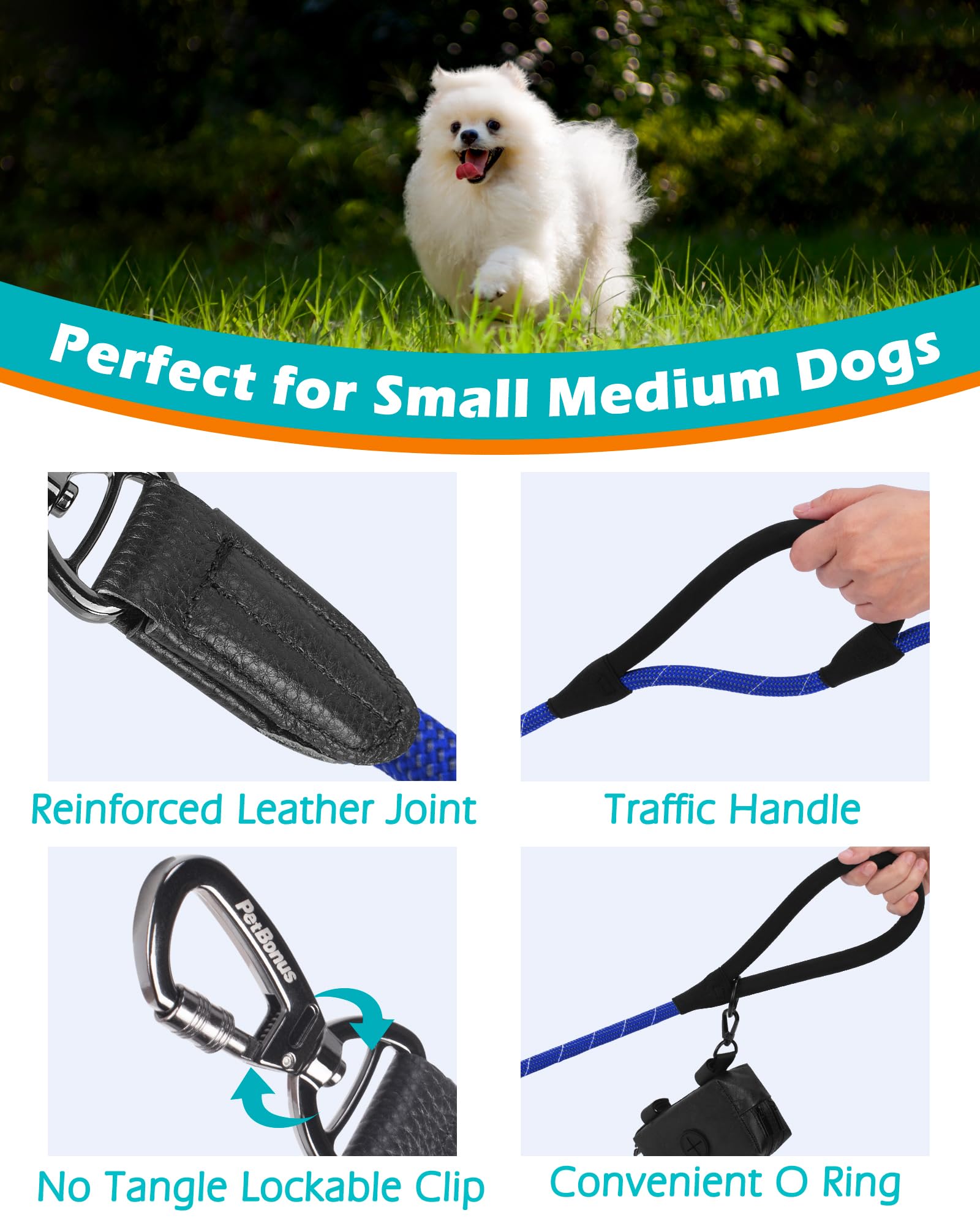 Petbonus Double Handle Rope Dog Leash, 5Ft/6Ft Heavy Duty Training Lead With Lockable Hook And 2 Comfortable Padded Handles, Ref