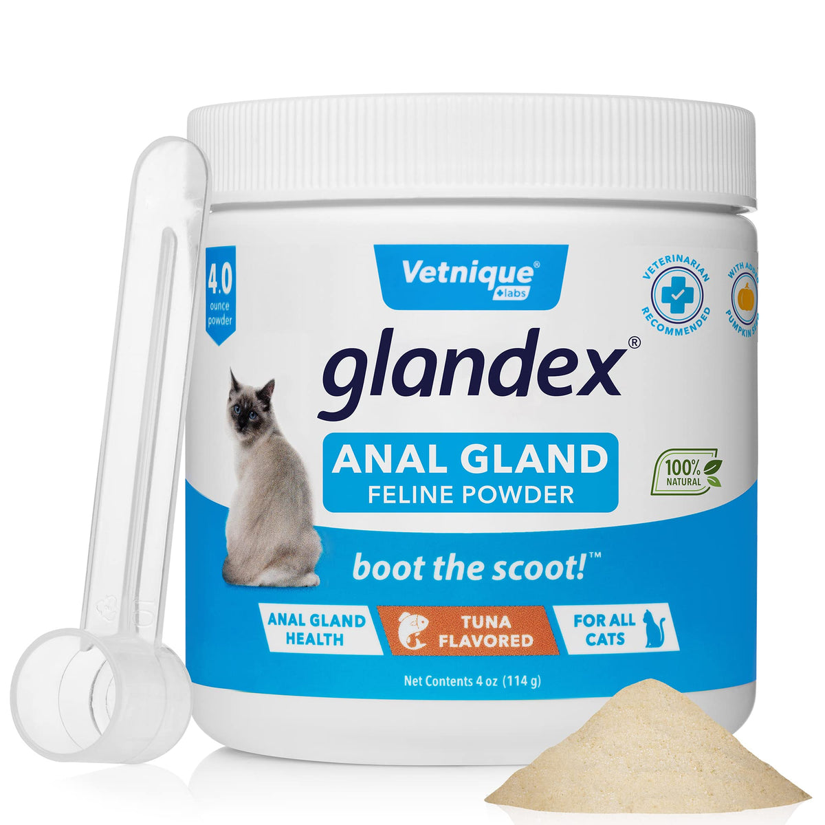 Glandex Feline Anal Gland Fiber Supplement Powder For Cats With Digestive Enzyme, Probiotics And Pumpkin, Vet Recommended For Healthy Bowels - Tuna Flavored 4.0 Oz, Scoop Included