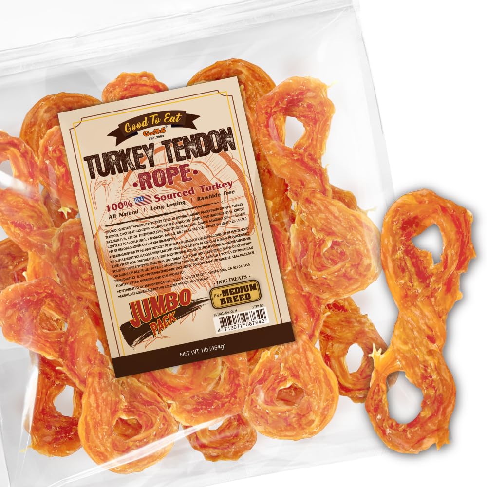Gootoe Turkey Tendon Dog Treats, Rope (M) 1 lb, 100% USA Sourced Turkey, Natural Snack, Premium Puppy Chews, Hypoallergenic, Raw