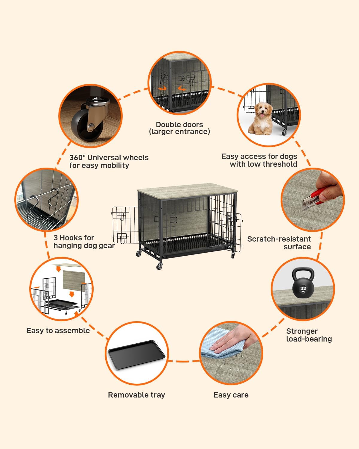 Dog Crate Furniture, 38 Dog Kennel End Table, Wooden Dog Cage with Wheels & Double Doors, Dog Crate Indoor Dog House for Large M