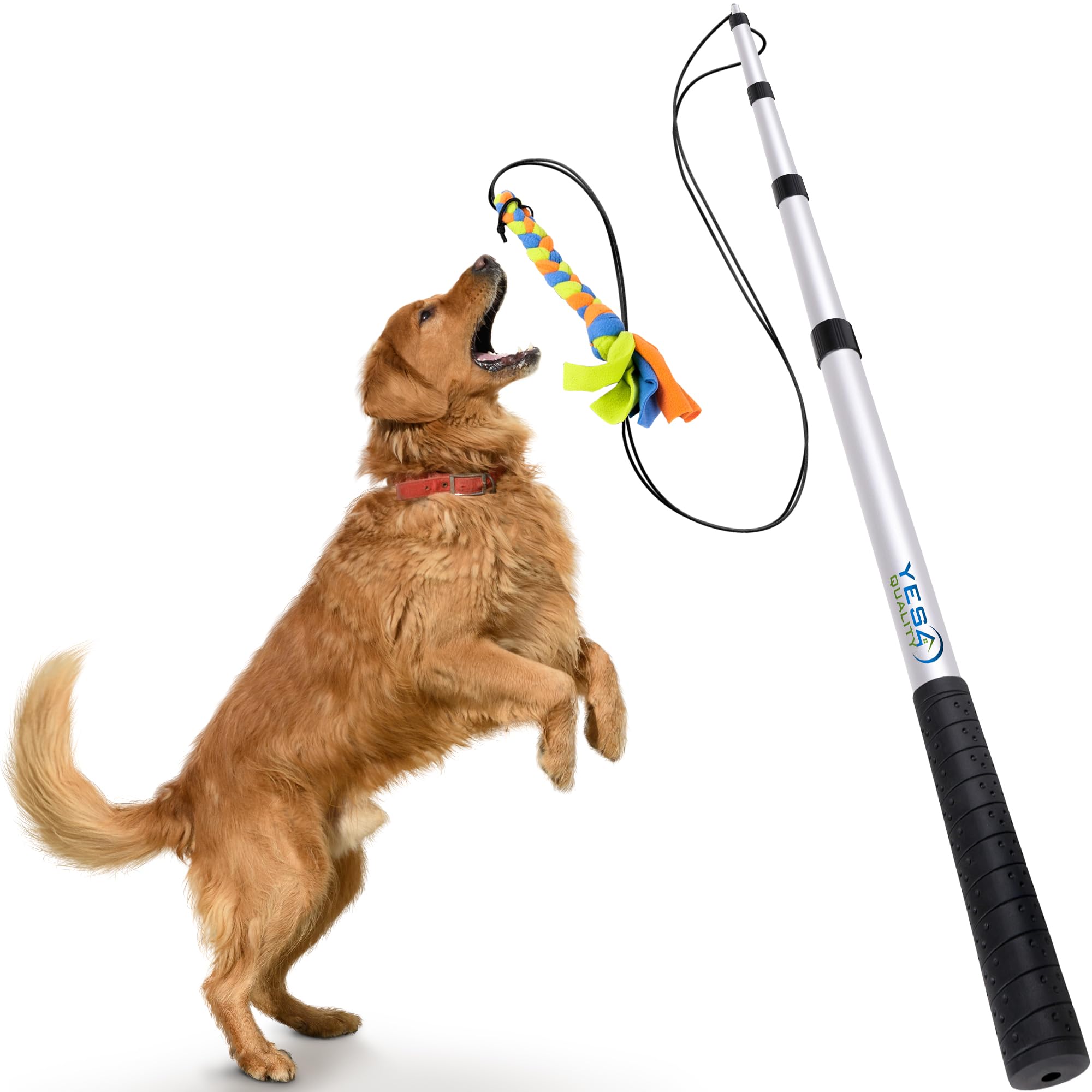 Yes4Quality Flirt Pole For Dogs - Safe & Strong For Large Breeds W/Non-Bungee Cord - Spring Pole For Tug Of War, Interactive Play & Puppy Training - Heavy-Duty Teaser Wand For Outdoor Exercise