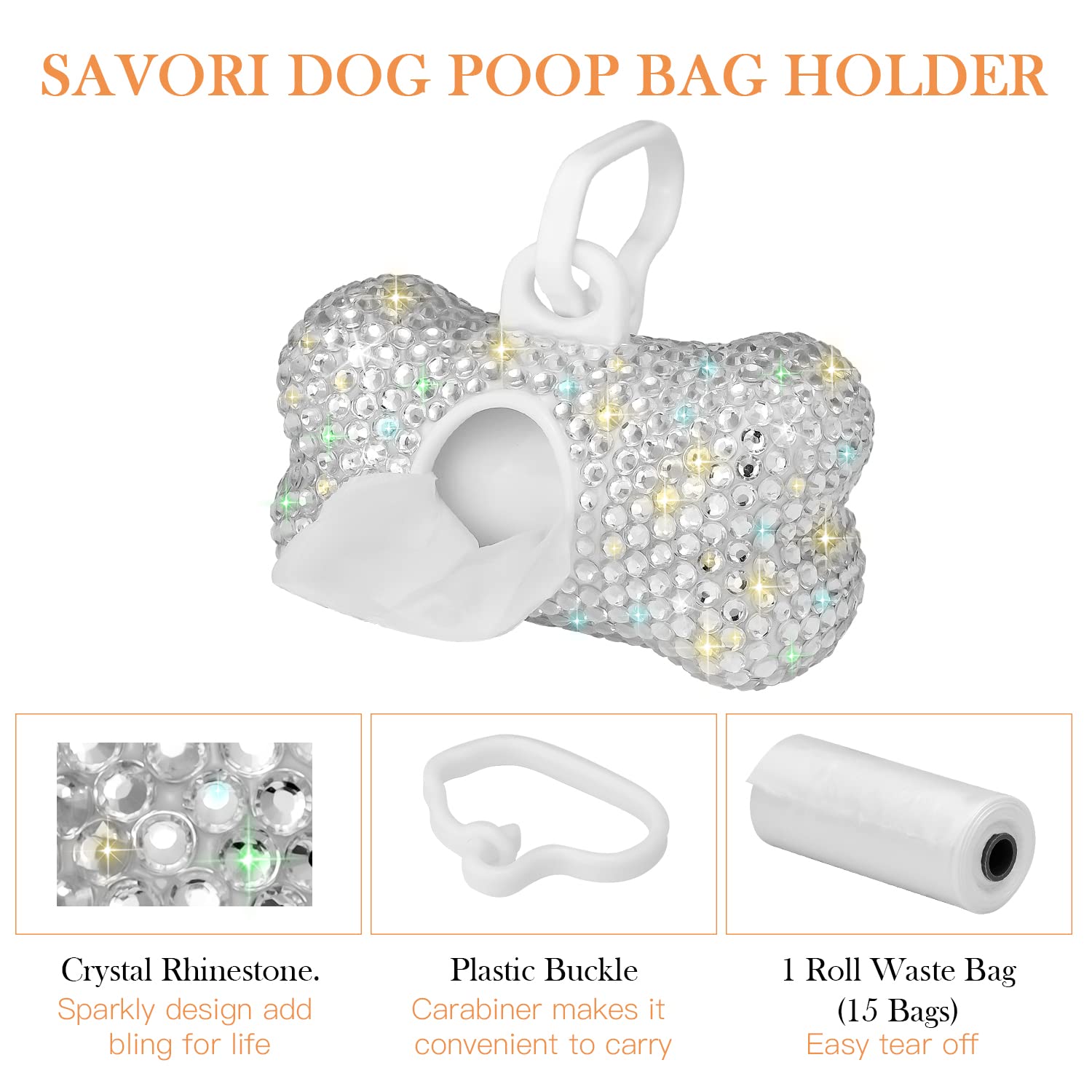 Savori Dog Poop Bag Holder Bling Crystal Dog Waste Bags Dispenser For Pet Dog Doggy With Carabiner Clip Includes 1 Roll 15 Bags