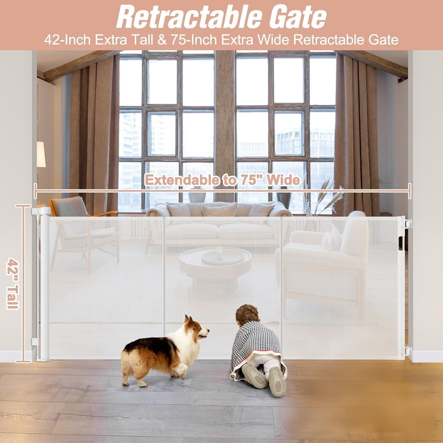 Stcockis Retractable Baby Gate - 42" Tall x 75" Wide, White, Extra Tall with Support Rods, Indoor/Outdoor Dog Gate