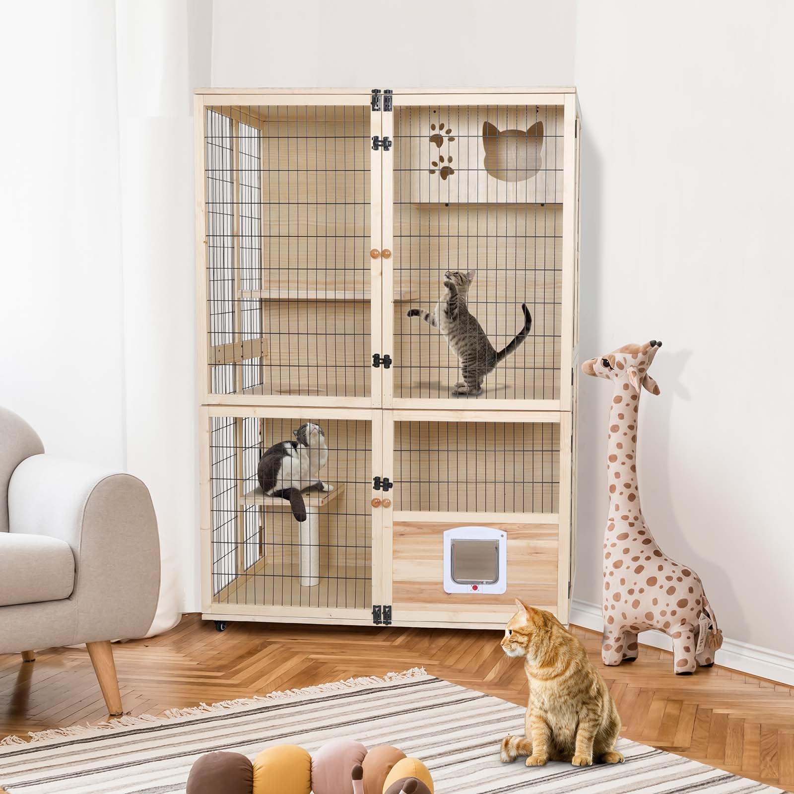Pantazo Wooden Cat House Large Space Cats Cage With Scratching Post And Lockable Wheels Double Layer With Escape Door Outdoor/In
