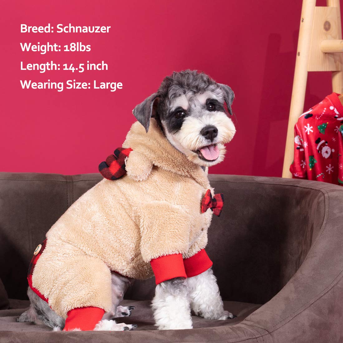 Kyeese Holiday Dog Pajama Christmas Reindeer With Bowtie Red Buffalo Check Small Dog Pajamas Plaid Pet Pajamas,X-Large