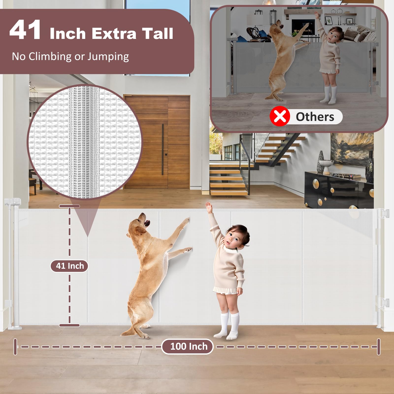 Reinforced 41'' Extra Tall Retractable Dog Gate 100'' Wide Retractable Baby Gates with Support Rods, Outdoor Retractable Gates f