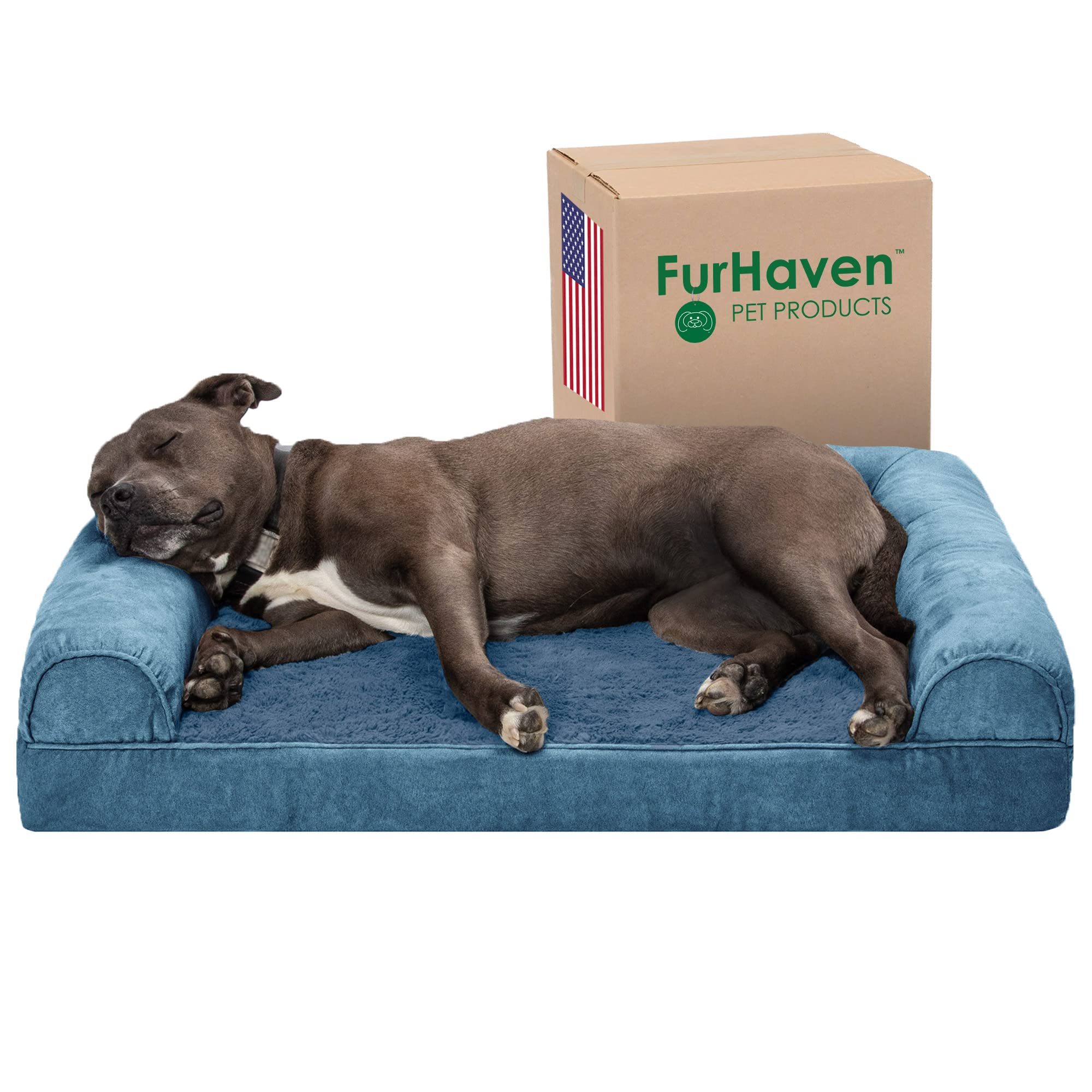Furhaven Large Orthopedic Dog Bed Faux Fur & Velvet Sofa-Style W/ Removable Washable Cover - Harbor Blue, Large