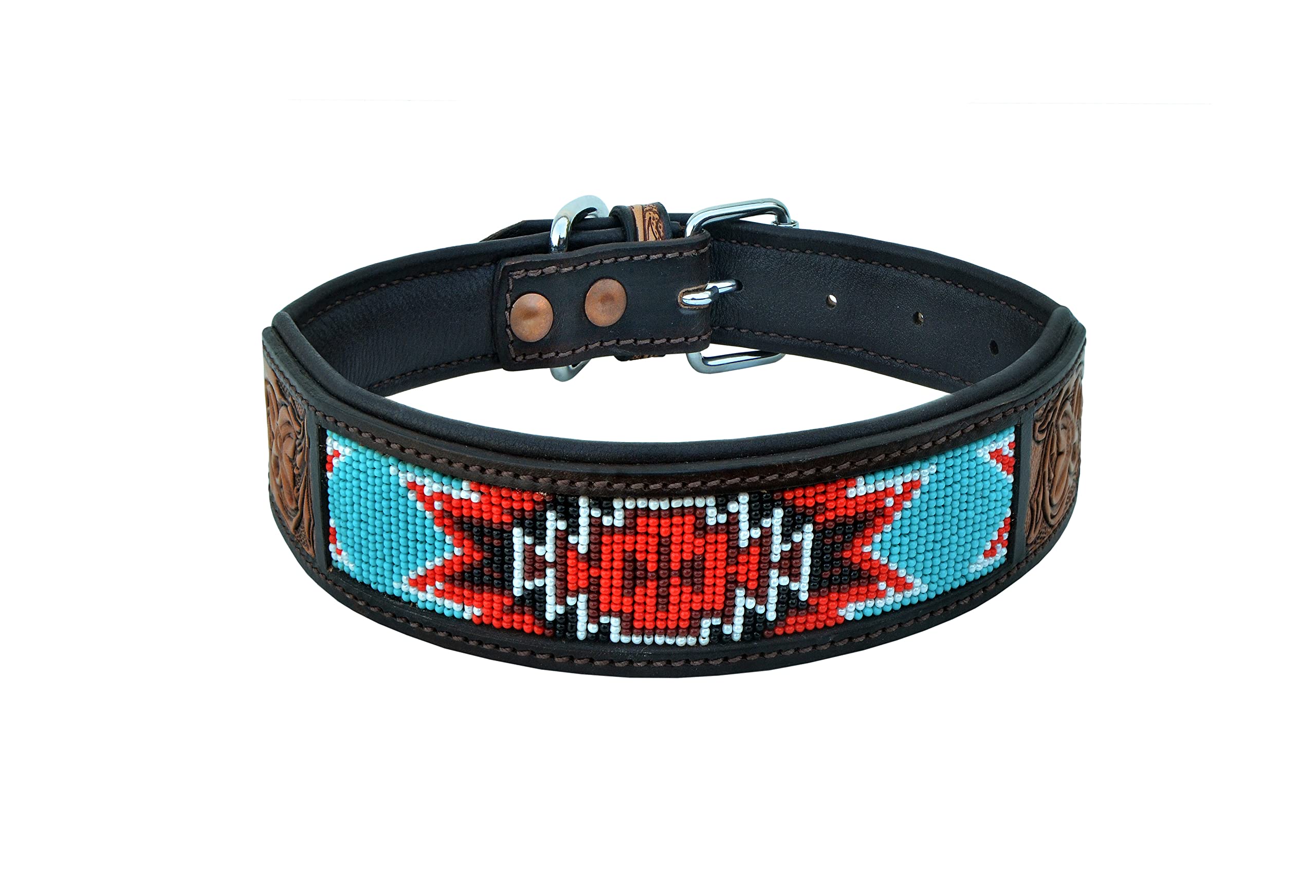 Affilare Genuine Leather Western Heavy Duty Dog Collar Western Style Hand Tooled Adjustable Beaded And Padded Cushioned For Pupp
