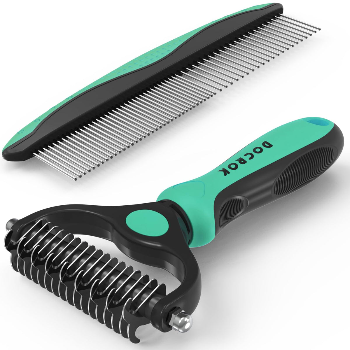 Docrok Pet Grooming Brush And Metal Comb Combo, Cat Brush Dog Brush For Shedding, Undercoat Rake For Dogs Grooming, Dematting Deshedding Brush Dogs Shedding Tool For Long Matted Haired Pets, Green