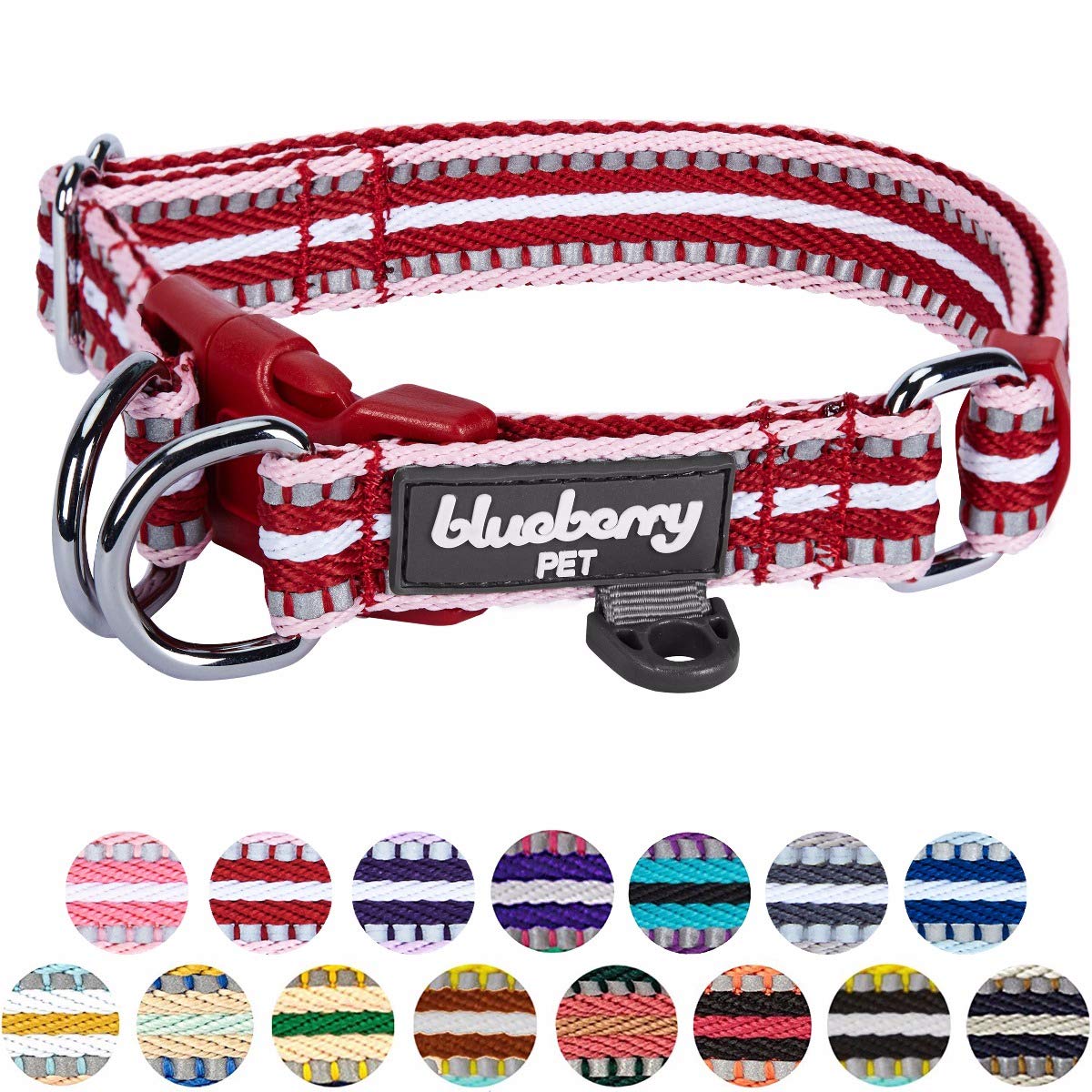 Blueberry Pet 10+ Colors 3M Reflective Multi-Colored Stripe Adjustable Dog Collar, Marsala Red And Pink, Large, Neck 18'-26'