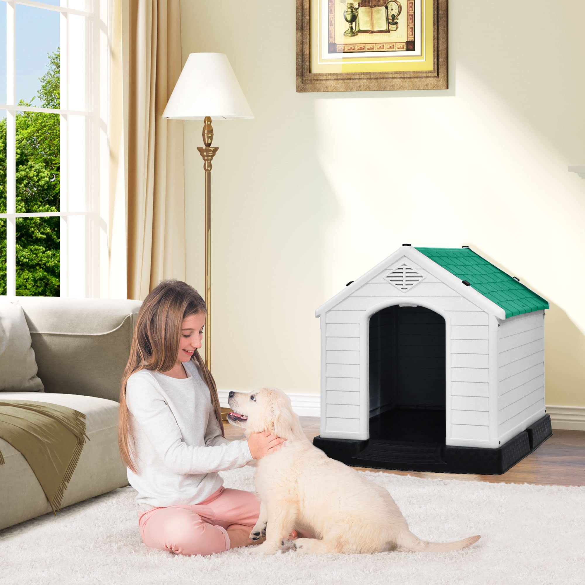 DWVO Large Outdoor Dog House, Plastic Doghouse with Air Vents and Ground Nails, Insulated Water Resistant Puppy Shelter for Smal