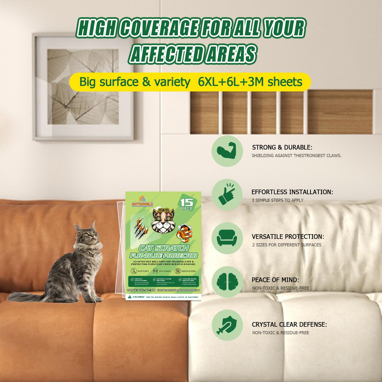 Cat Scratch Furniture Protector - 15 Pack Cat Scratch Deterrent Tape - Furniture Protectors From Cats Scratch - Sofa Corner Scra