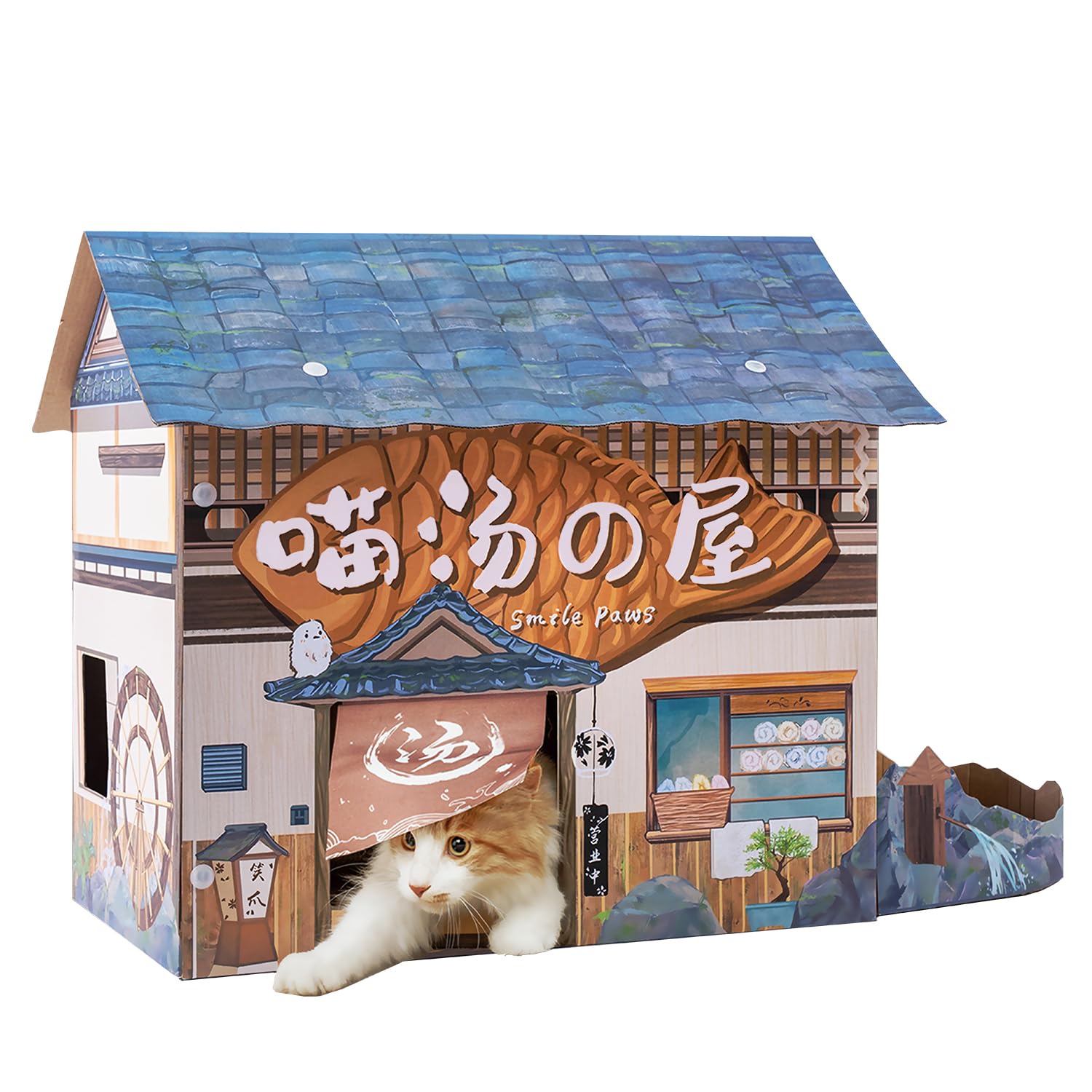 Smile Paws Cat Beds For Indoor Cats, Cardboard Cat House With Scratchers, Onsen Hotel, Large Sturdy Cat Furniture Condo Cave Ten
