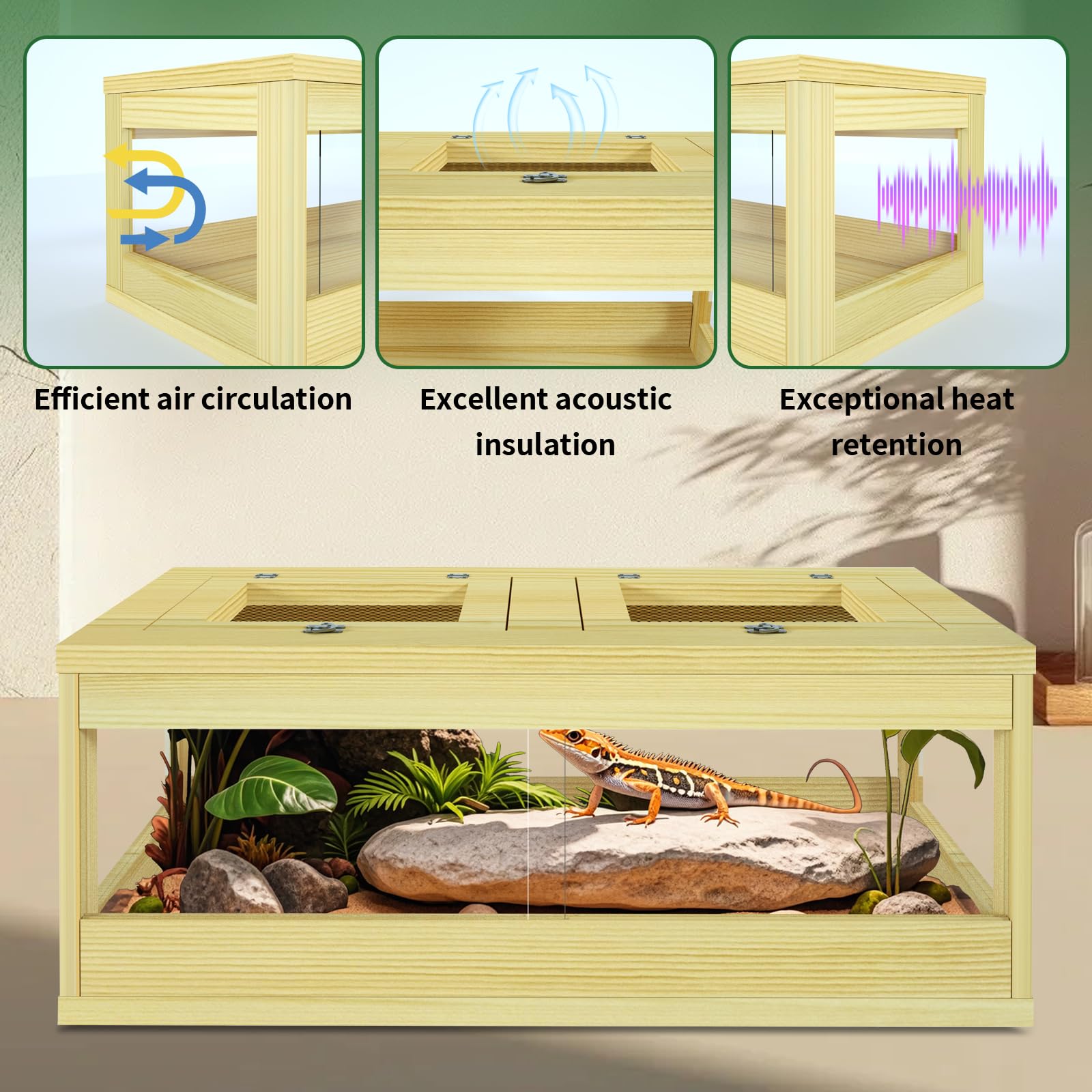 32 Gallon Reptile Tank, Solid Wood Bearded Dragon Tank, Front Opening Snake Enclosure, Lockable Sliding Doors, Small Reptile Ter