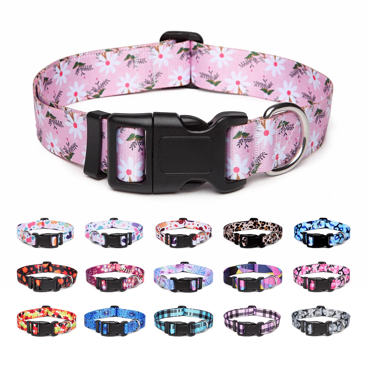 Suredoo Adjustable Dog Collar With Patterns, Ultra Comfy Soft Nylon Breathable Pet Collar For Small Medium Large Dogs (S, Pink White Flower)