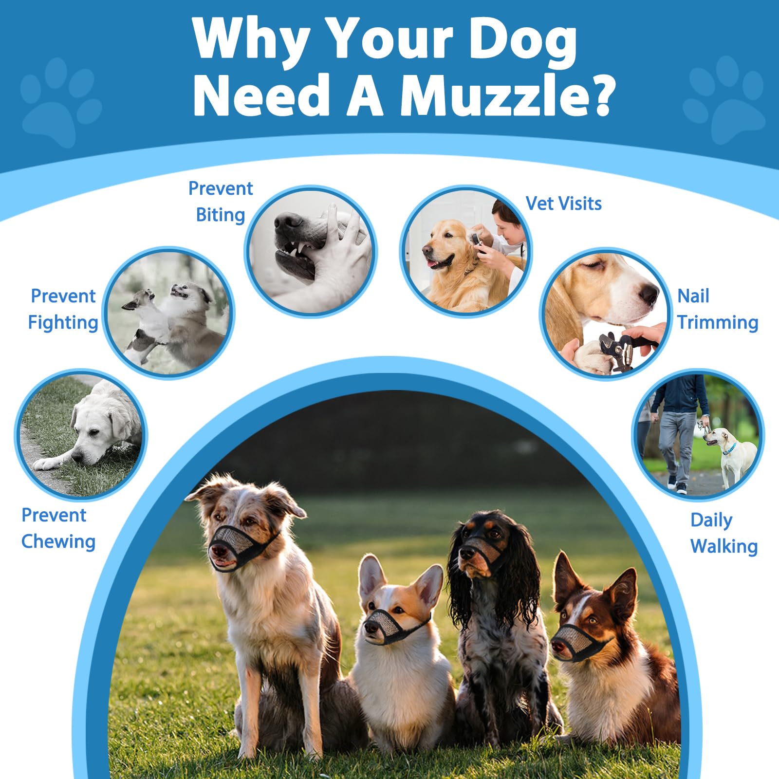 LUCKYPAW Dog Muzzle Suits for Small Medium Large Dogs, Mesh Muzzle Pack Anti Biting Chewing, Breathable Mouth Guard Sets with Ad