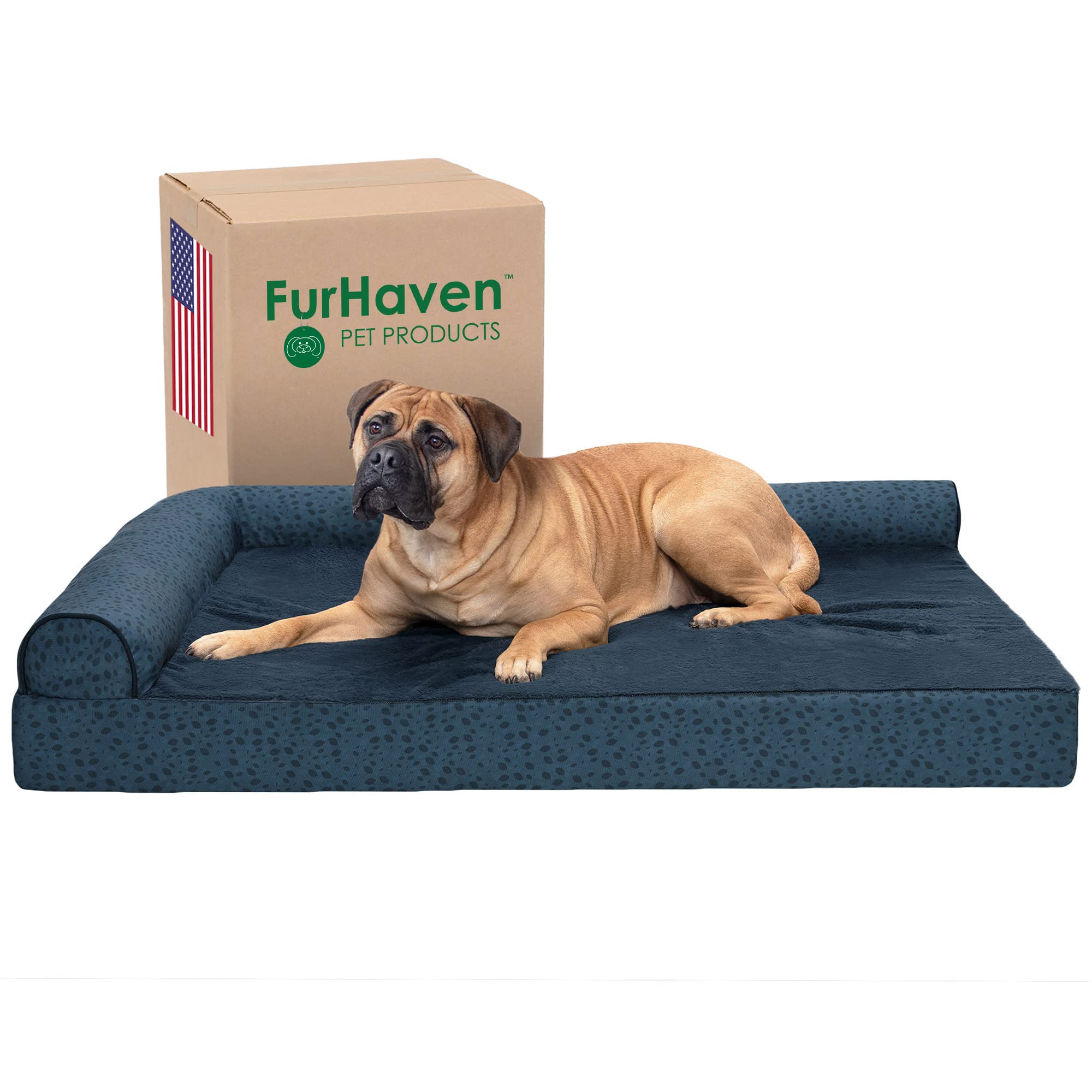 Furhaven Memory Foam Dog Bed for Large Dogs w/ Removable Bolsters & Washable Cover, For Dogs Up to 125 lbs - Plush & Almond Prin