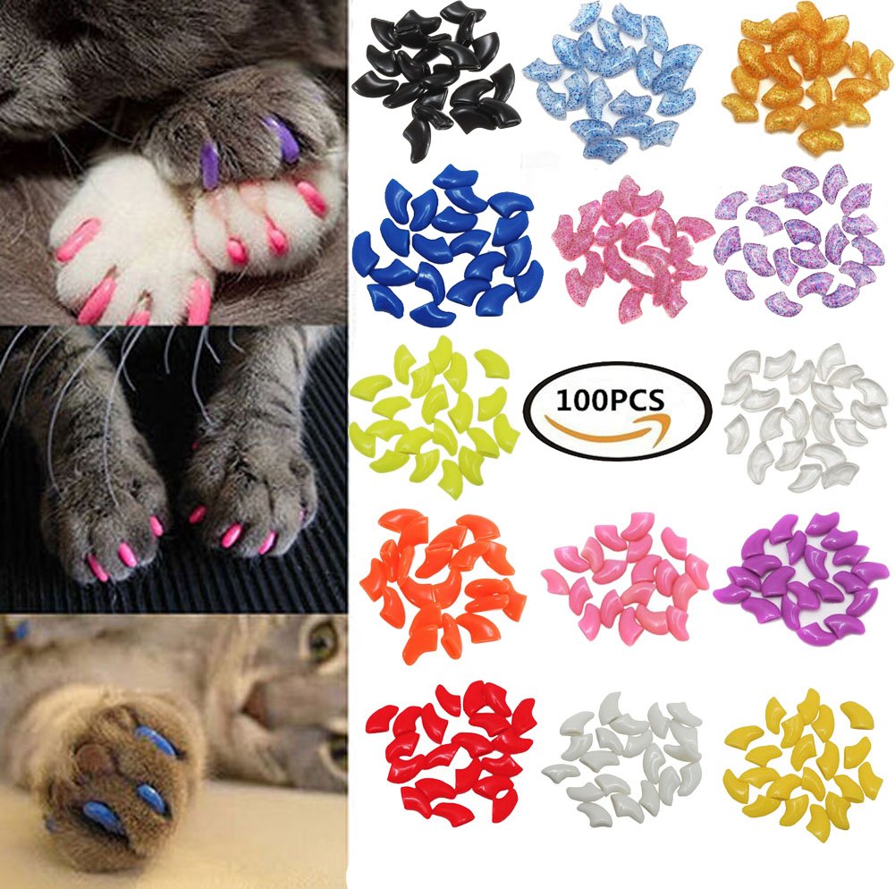 VICTHY Cat Nail Caps - 100 Pcs Medium Claw Covers in 5 Colors with Glue & Applicators - Safe & Comfortable Solution for Cats