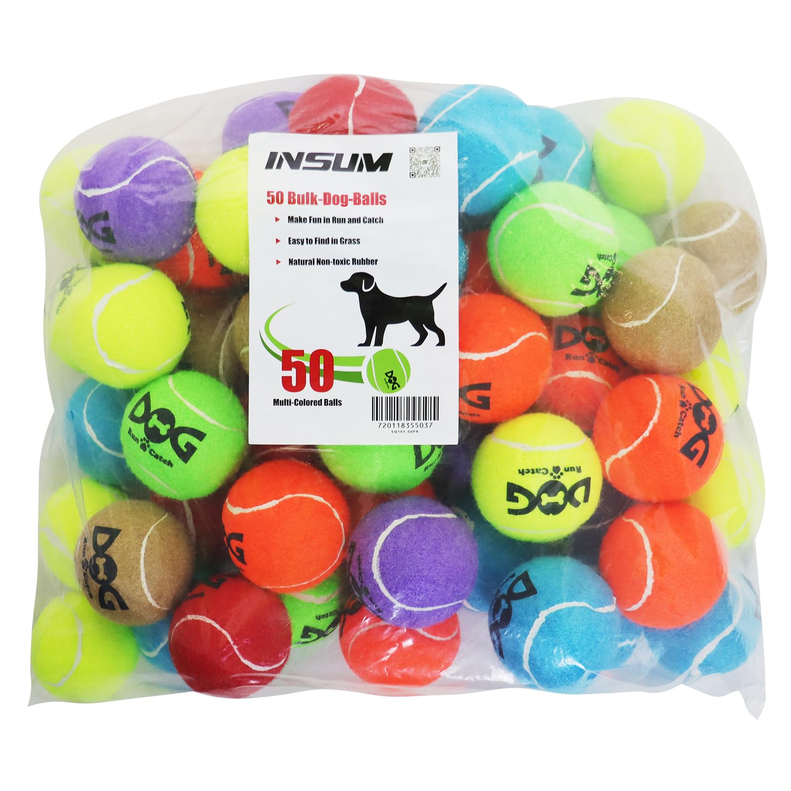 Insum Tennis Balls For Dogs - Bulk 50 Pack 2.5'' Durable Non-Toxic Outdoor Dog Toys Balls With Mesh Bag, Sgs Certified, Colorful