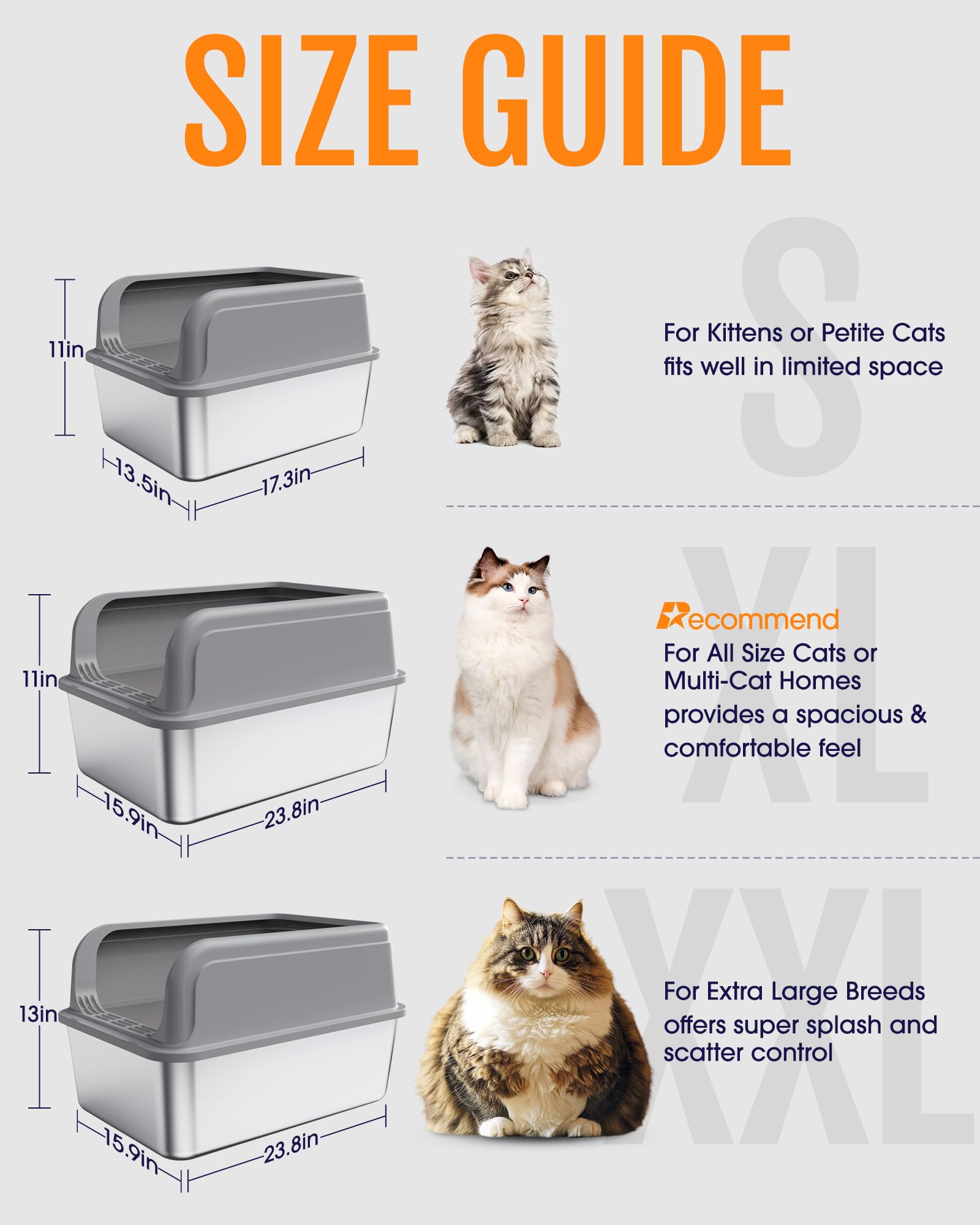 Powools Stainless Steel Cat Litter Box, Metal Kitty Litter Box With Scoop, Anti-Leakage Top Entry, Non-Sticky, Easy To Clean, Gr