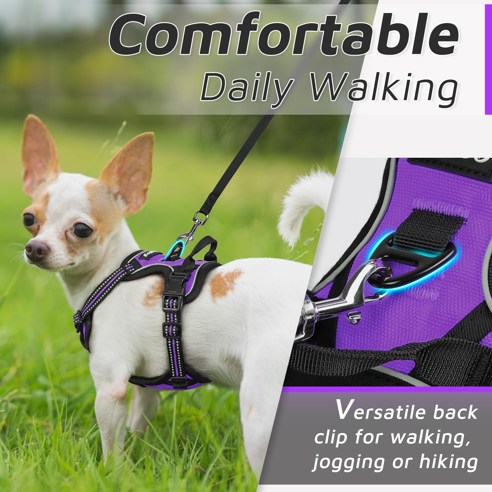Eagloo Small Dog Harness No Pull, Service Vest With Reflective Strips And Control Handle, Adjustable And Comfortable For Easy Walking, No Choke Pet Harness With 2 Metal Rings, Purple, Xs