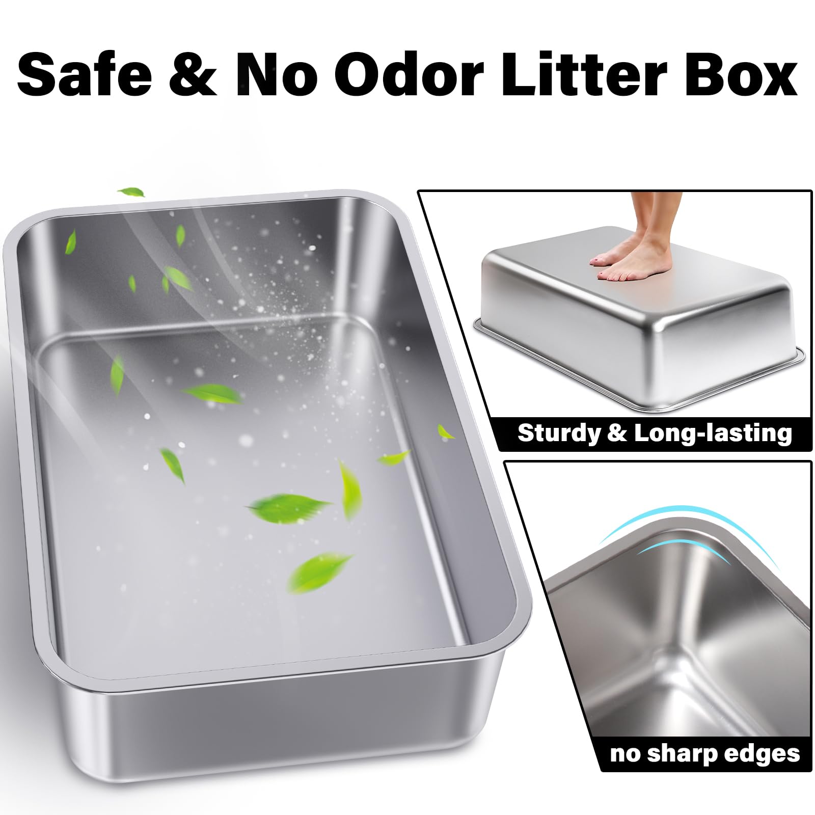 Egmehoad Stainless Steel Litter Box Easy Clean,-Large Metal Litter Box For Cats, High Sided Metal Litters Boxes, No Smell, Non S