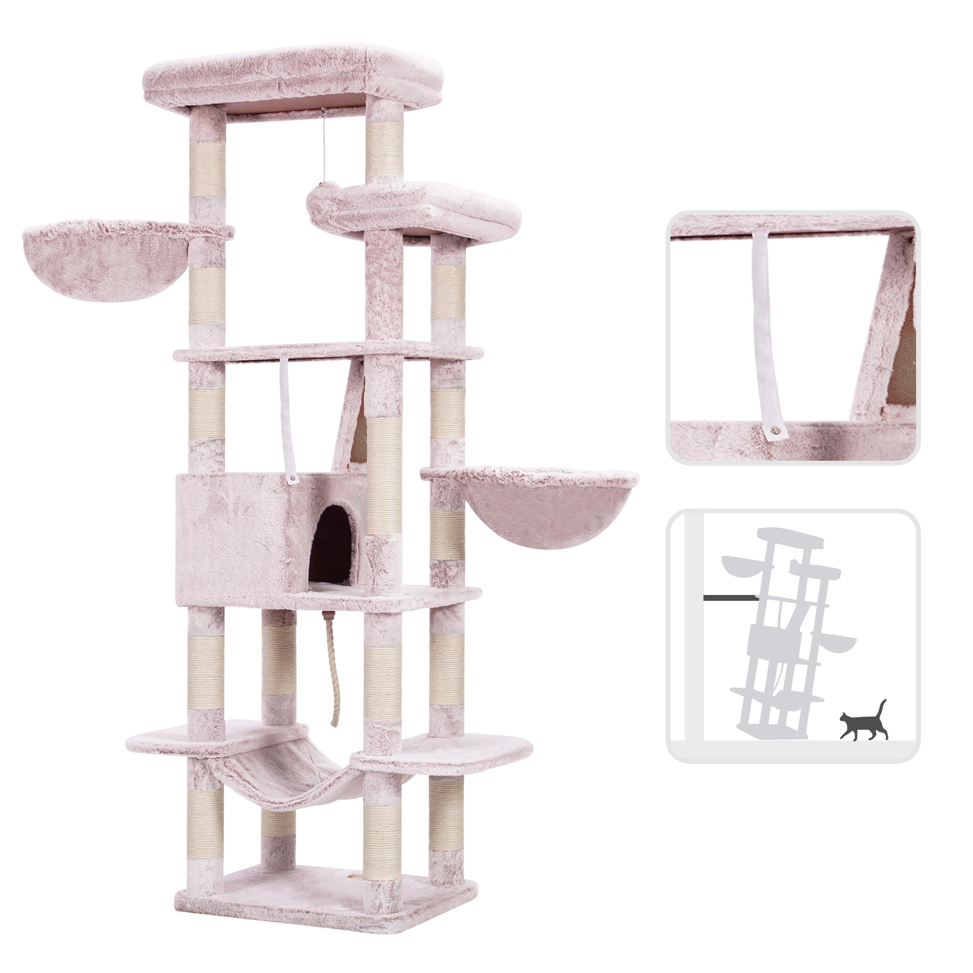 Heybly Cat Tree, 68 Inch Multi-Level Cat Tower For Indoor Cats, 2 Widened Plush Perches Cat Condo With Scratching Board And Big