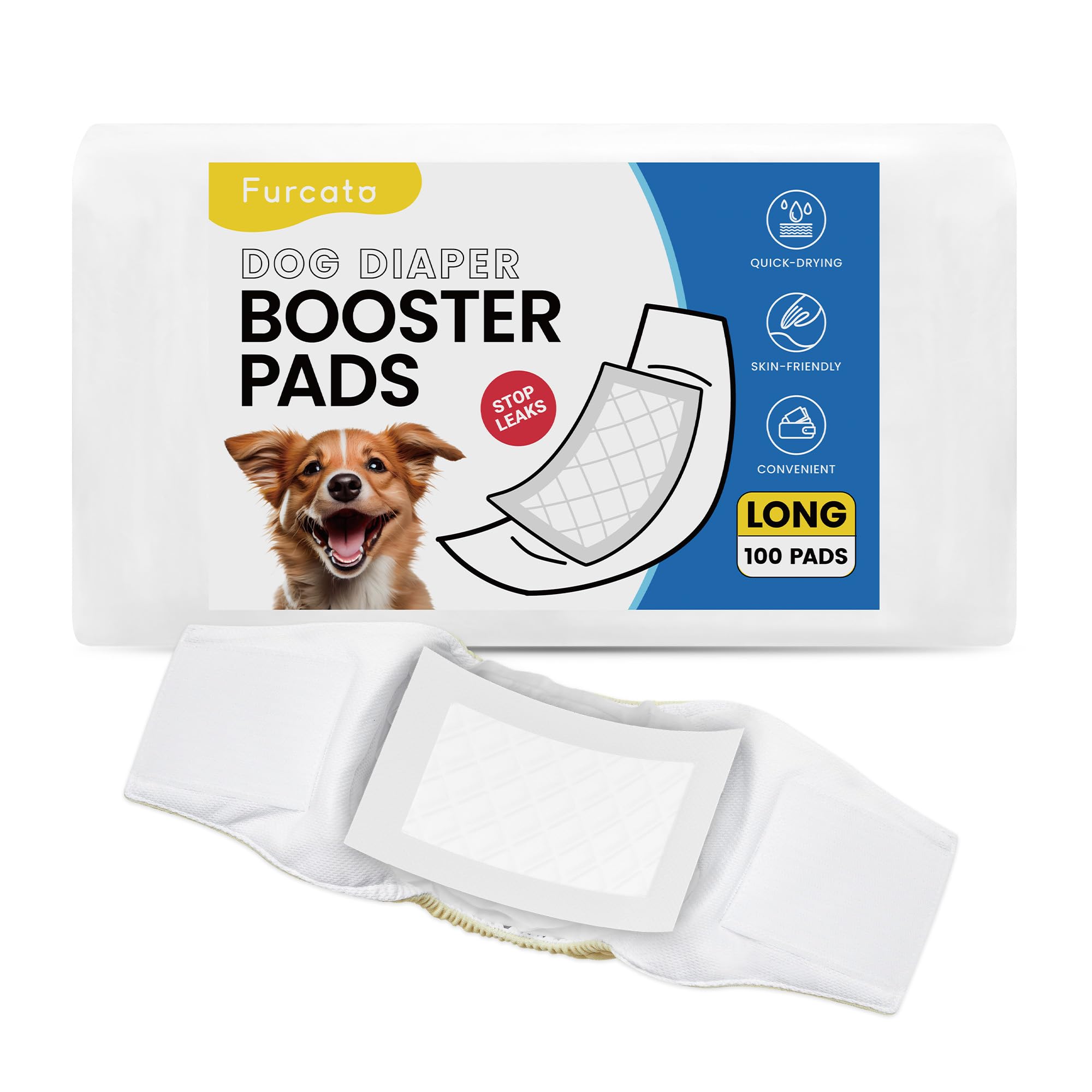 Furcato Disposable Dog Diaper Liners Booster Pads For Male & Female Dogs - 100Ct | Diaper Inserts Fit Most Washable Dog Wraps An