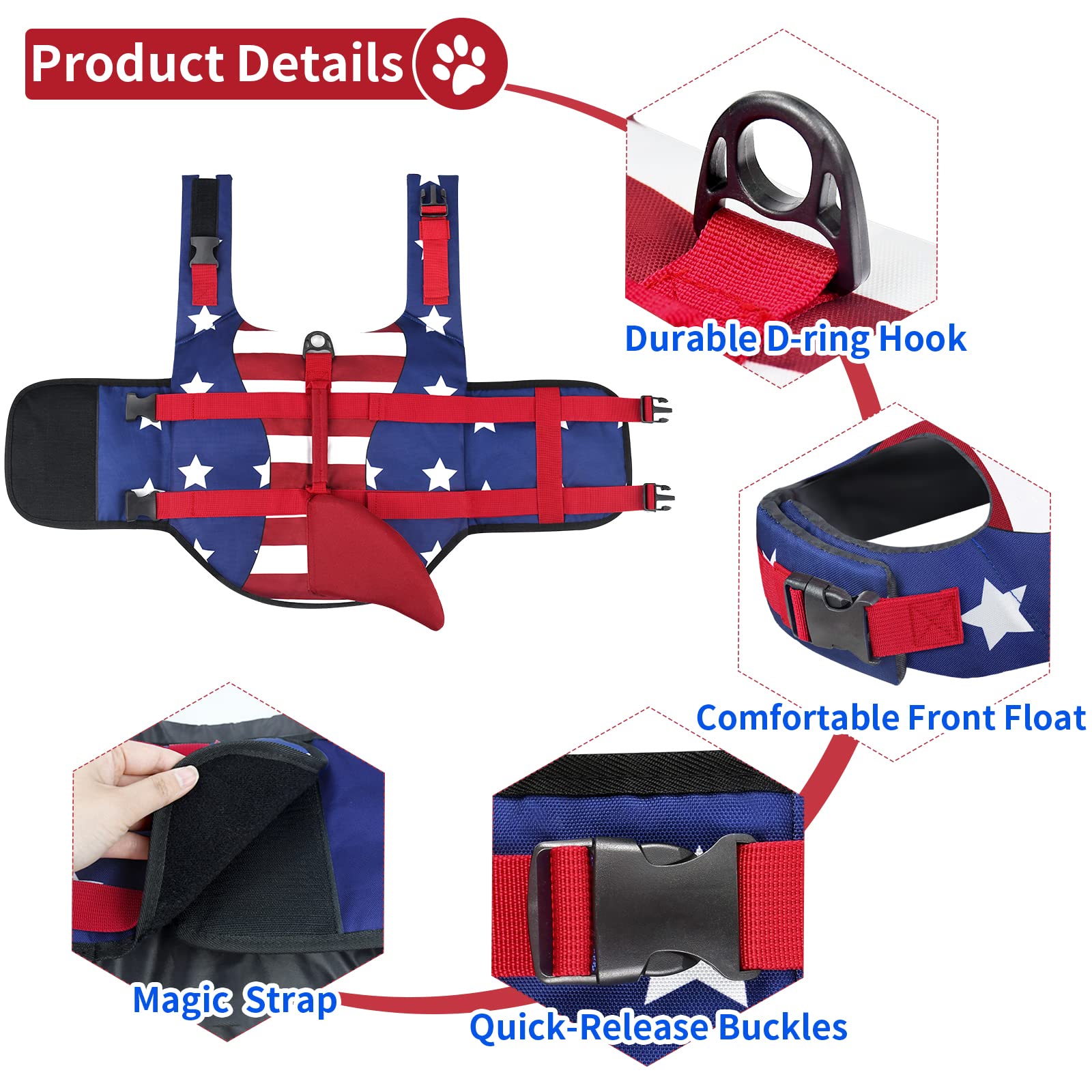 Malier Dog Life Jacket, Ripstop American Flag Dog Life Vest For Swimming Boating, Shark Puppy Lifesaver With High Buoyancy Swims