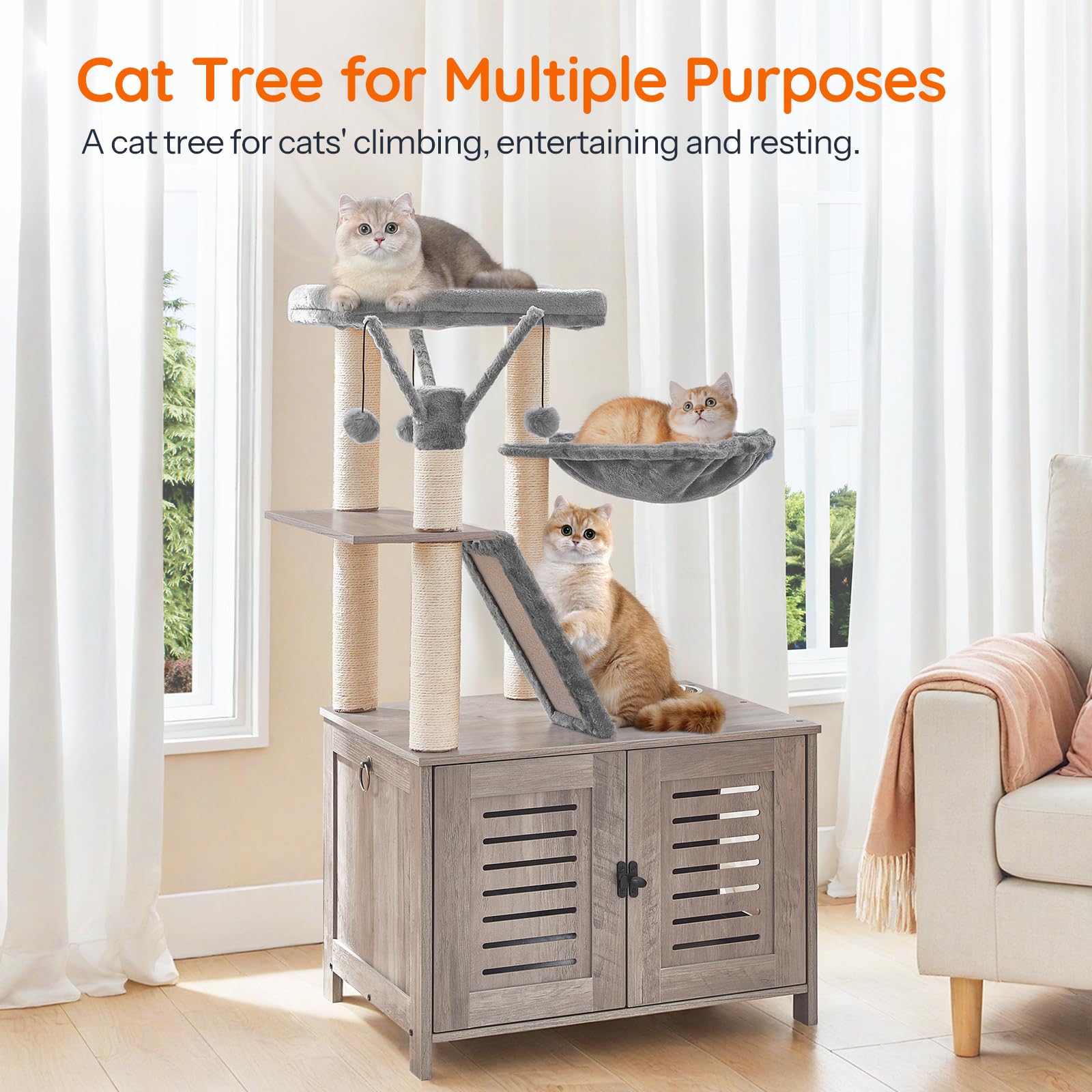 Hoobro Cat Tree With Litter Box Enclosure, 44'' Tall Wooden Cat Tower With Scratching Posts, Cat Hammock, Hidden Litter Box Furn