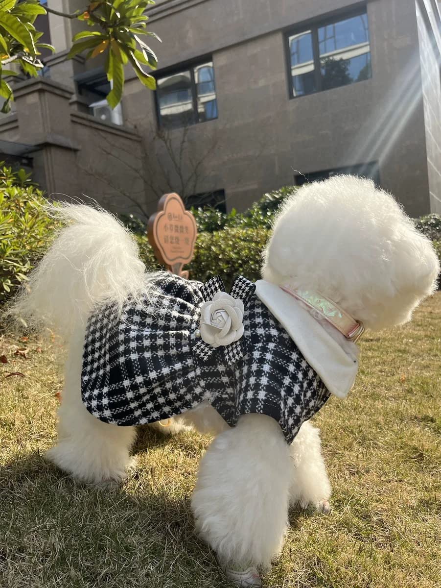 Qwinee 3Pcs Dog Dress & Flower Bow & Necklace Set Geometric Princess Dress With Flower Bow Deco Puppy Skirt With Pearls Jewelry