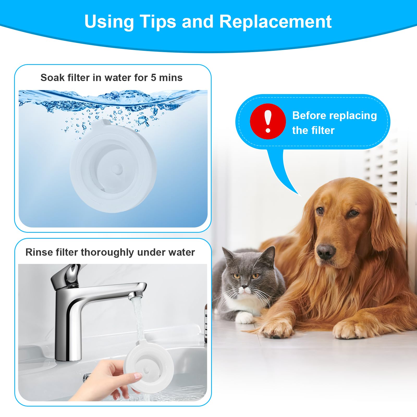 Redoso 4 Pack Replacement Filters For 3L/3.6L/4.6L/6L/8L Gravity Dog/Pet Water Dispenser, Dog Water Filter Replacement, Triple F