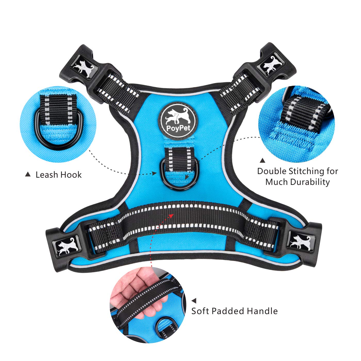 Poypet Dog Harness No Pull, Reflective With Front & Back 2 Leash Hooks And An Easy Control Handle Pet Harness For Puppy Small Dog, Adjustable Soft Padded Vest Harness(Blue,S)