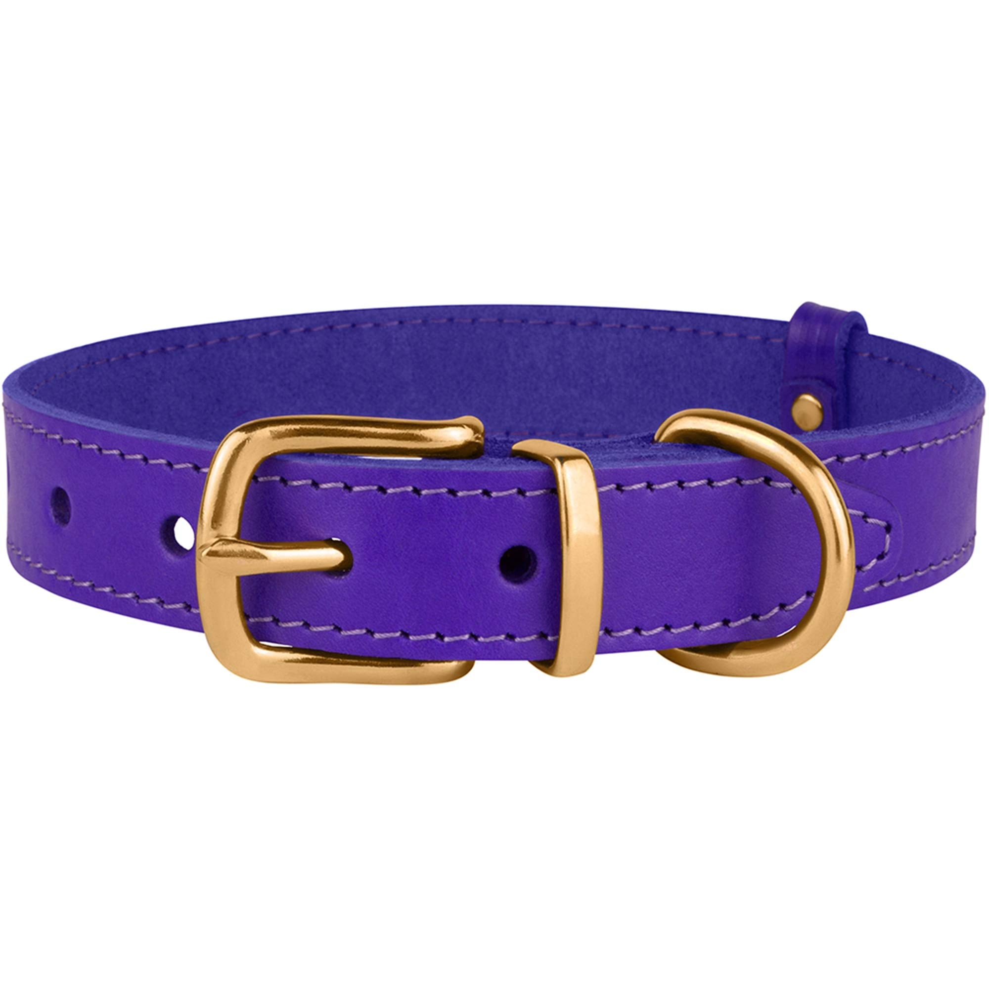 Bronzedog Leather Dog Collar With Metal Buckle Durable Basic Pet Collars For Small Medium Large Dogs (14-17 Inch (Pack Of 1), Purple & Gold Buckle)