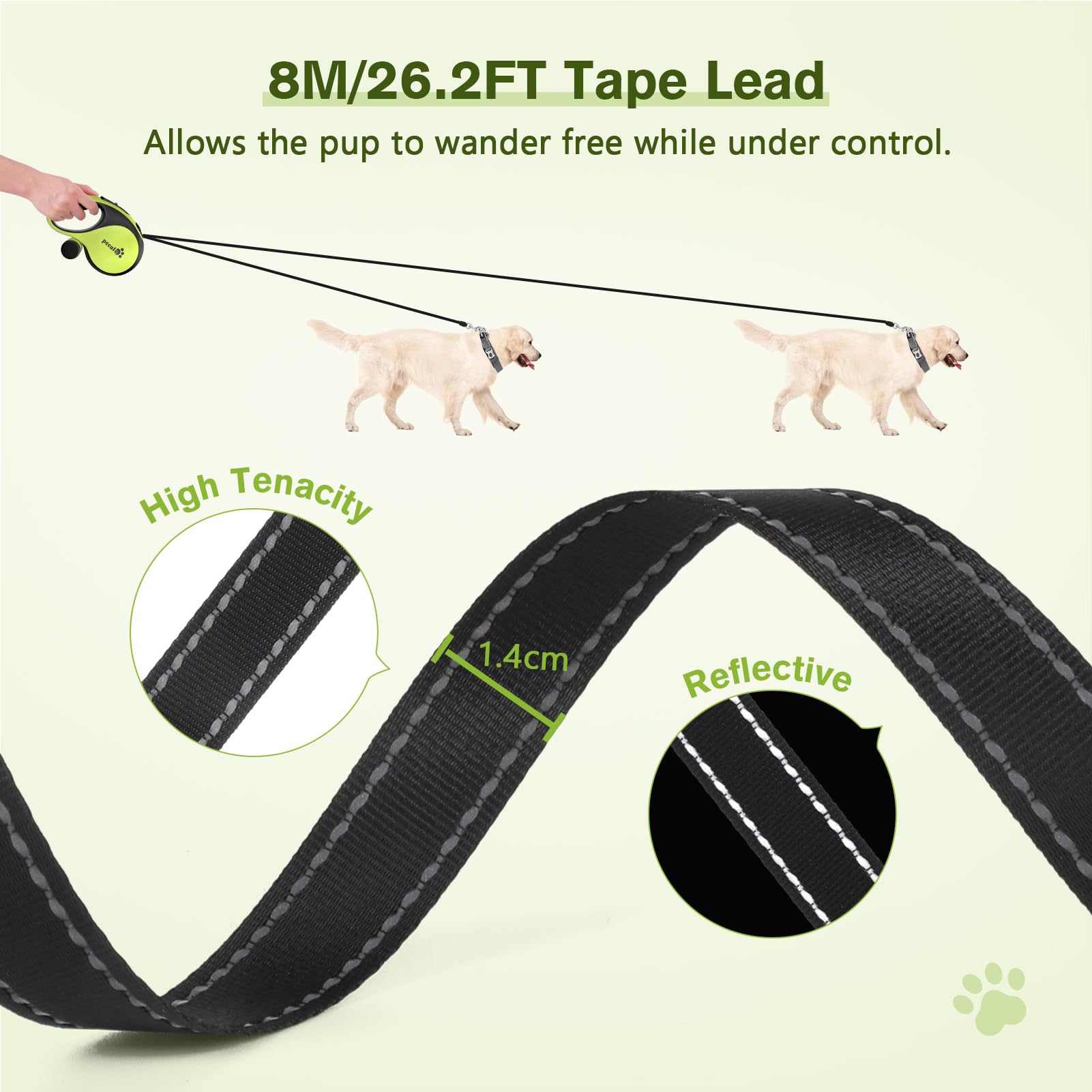 Pecute 26Ft Retractable Dog Leash With Poop Bag Holder, Walking Dog Leash For Heavy Duty Dogs Up To 110Lbs With Strong Nylon Tape, One-Button Control, 360?Tangle-Free Sturdy Long Dog Leash