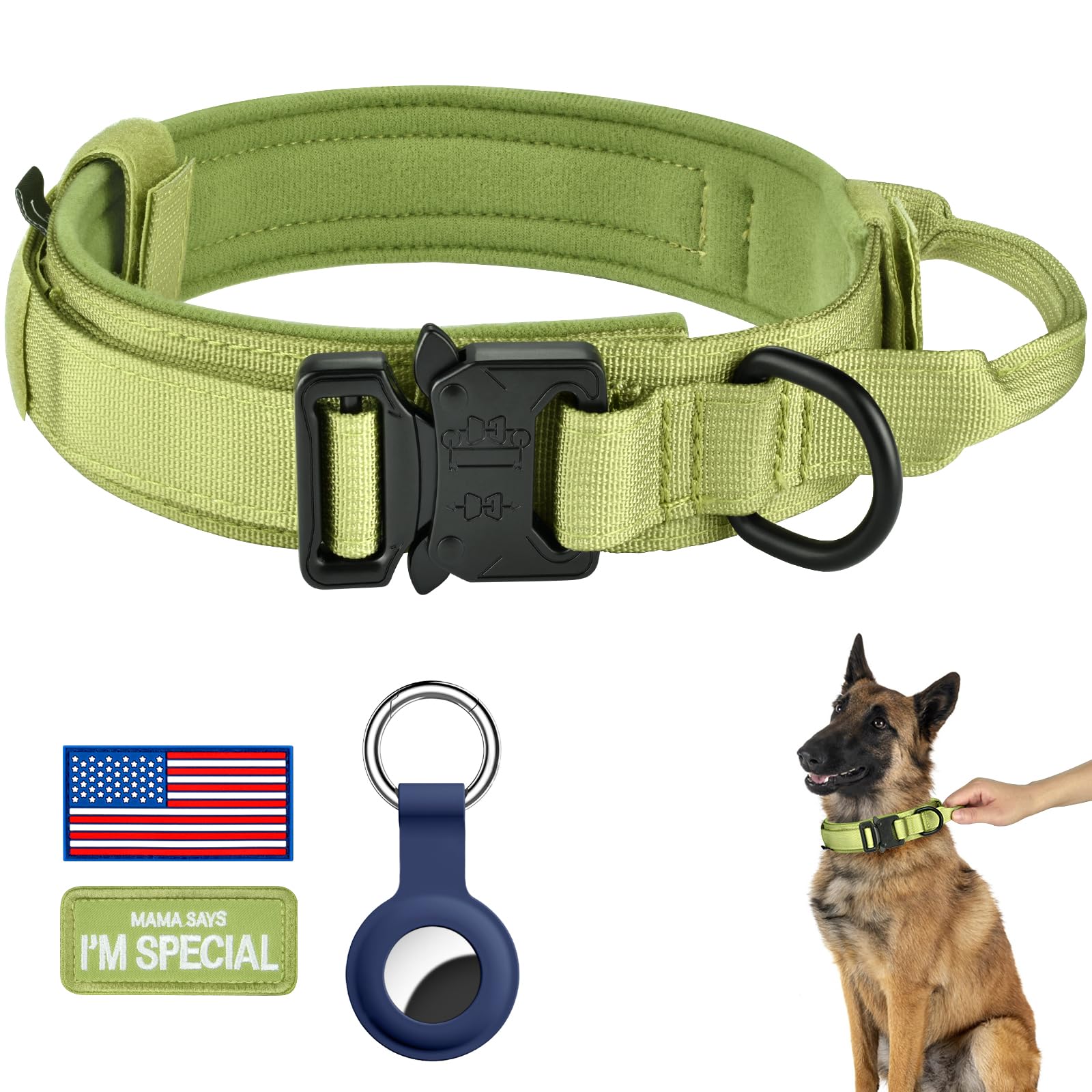 Daganxi Tactical Dog Collar, Adjustable Military Training Nylon Dog Collar With Control Handle And Heavy Metal Buckle For Medium And Large Dogs, With Patches And Airtags Case (L, Spring Grass)