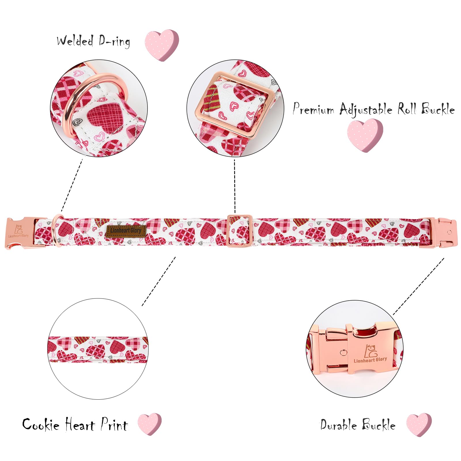 Lionheart Glory Valentine Collar, Cookie Hearts Dog Collar For Small Cute Dog Collars Spring Female Pet Gift Adjustable Heavy-Du