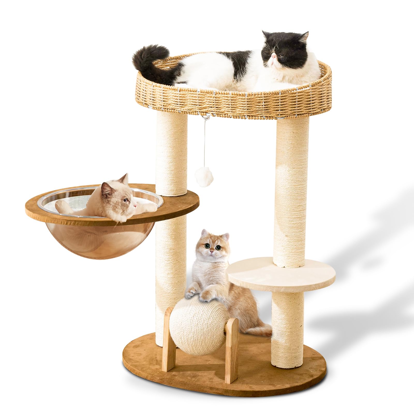 Modern Cat Tree for Indoor Cats, Wood Cat Tree with Natural Sisal-Covered Scratching Posts, Unique Cat Furniture Activity Center