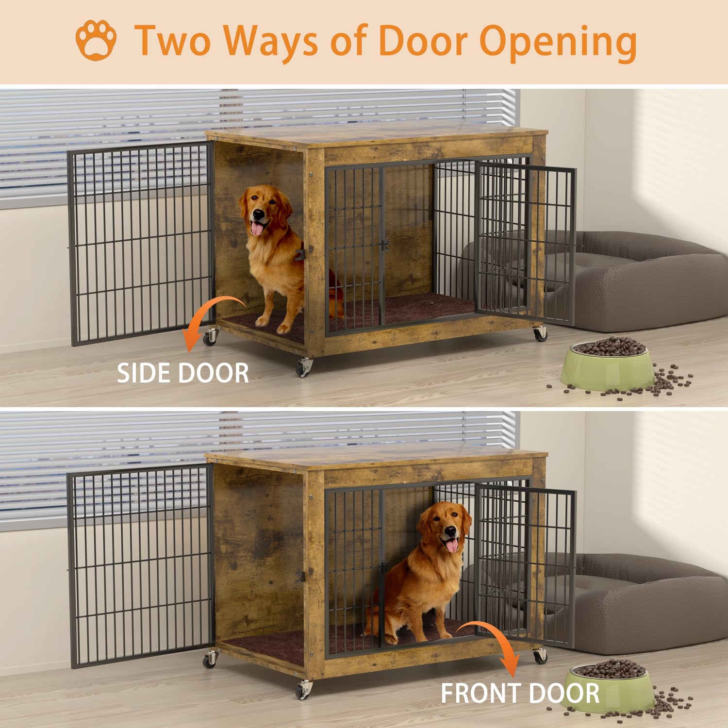PRETZI Dog Crate Furniture with Cushion,38  Wooden Dog Crate nightstand with Double Doors, Brown Kennel Indoor with Wheels, Deco
