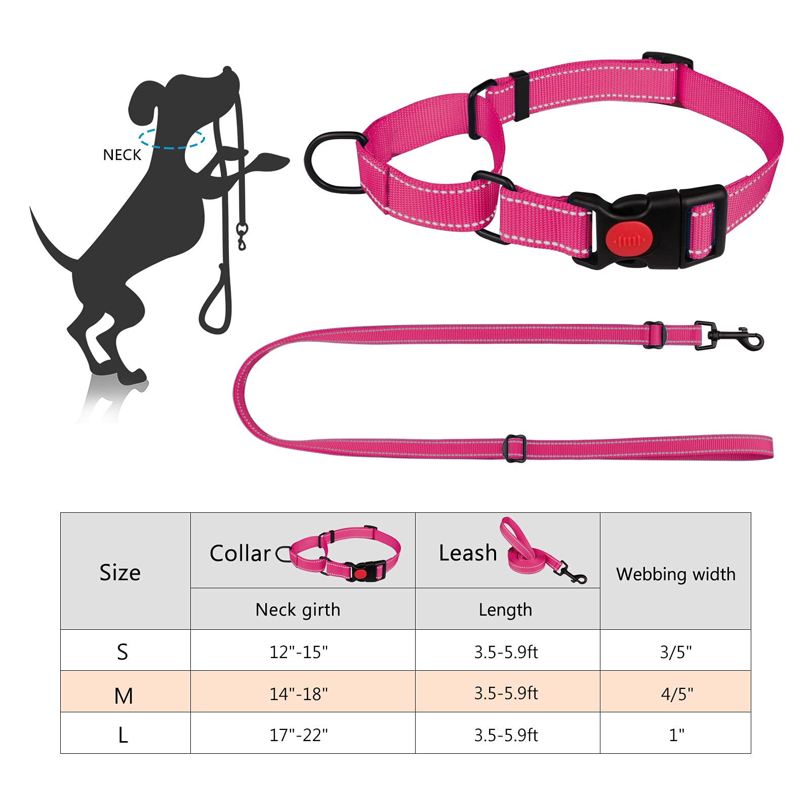 Martingale Dog Collar And Leash Set Martingale Collars For Dogs Reflective Martingale Collar For Small Medium Large Dogs(Hot Pink&L)