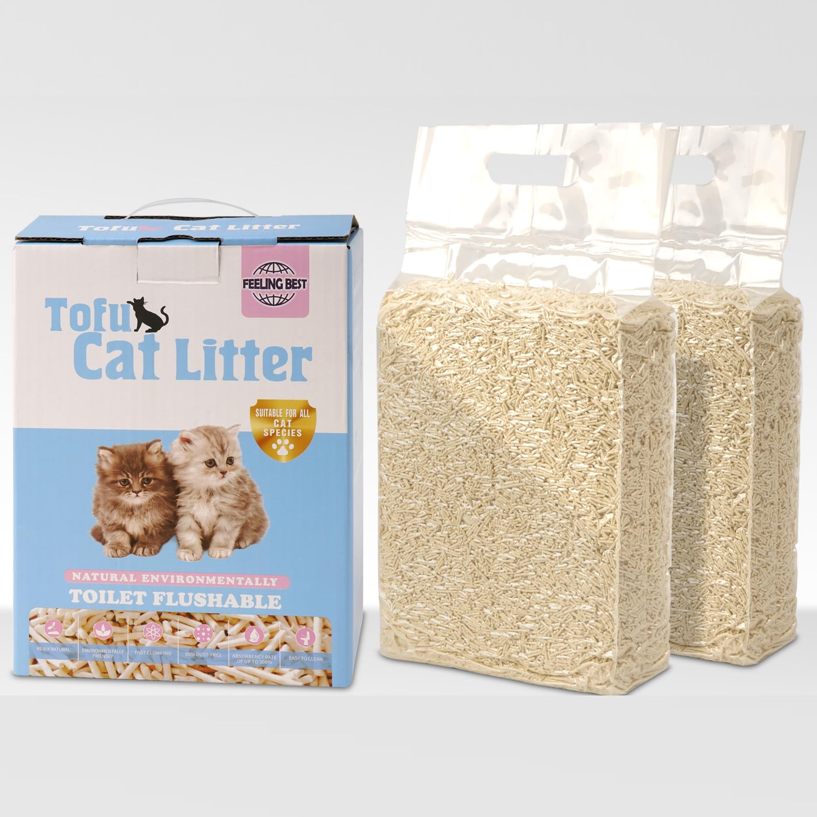 Feeling Best Tofu Cat Litter 11.2Lb(5.6Lb  2Bag) Clumping, 100% Natrual Raw Materials, Clumping,Flushable,Ultra Absorbent And Fa