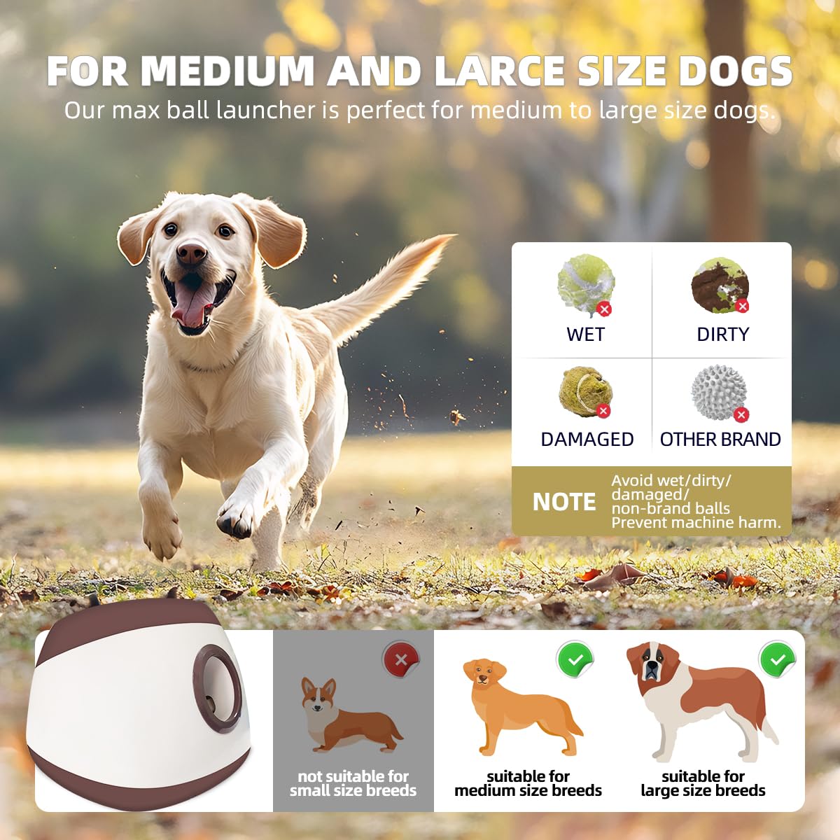 UJQW AutoDog Ball Launcher - Large Silent Dog Ball Thrower with Remote Control, 3 Adjustable Distances (40t/60ft/80ft), Recharga