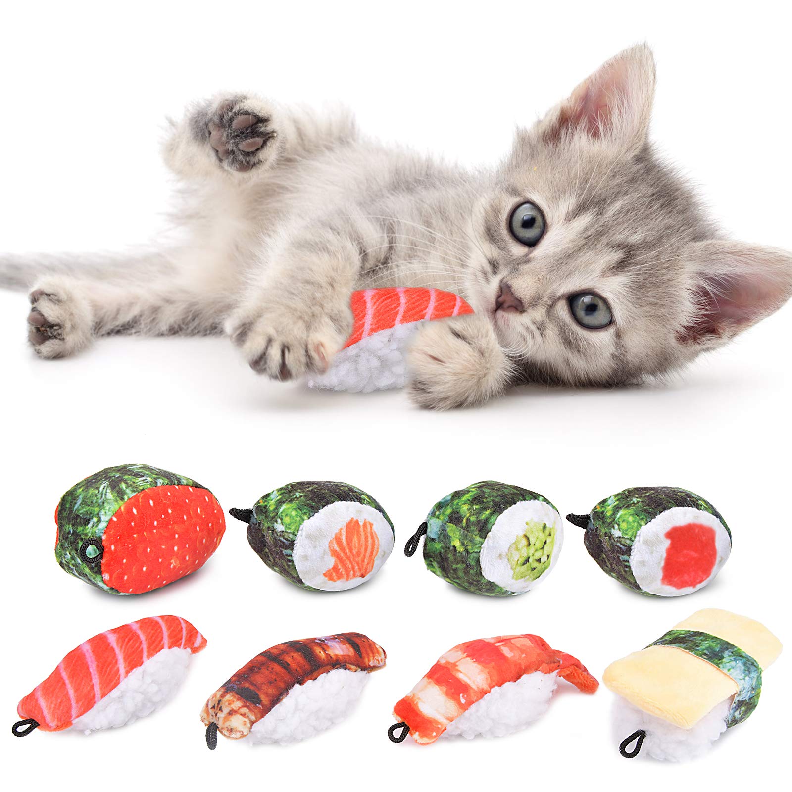 Rekobon Catnip Toys, 8 Pack Kitten Toys For Indoor Cats, Bite Resistant Cat Chew Toy With Sushi Roll, Boredom Relief Fluffy Kitt