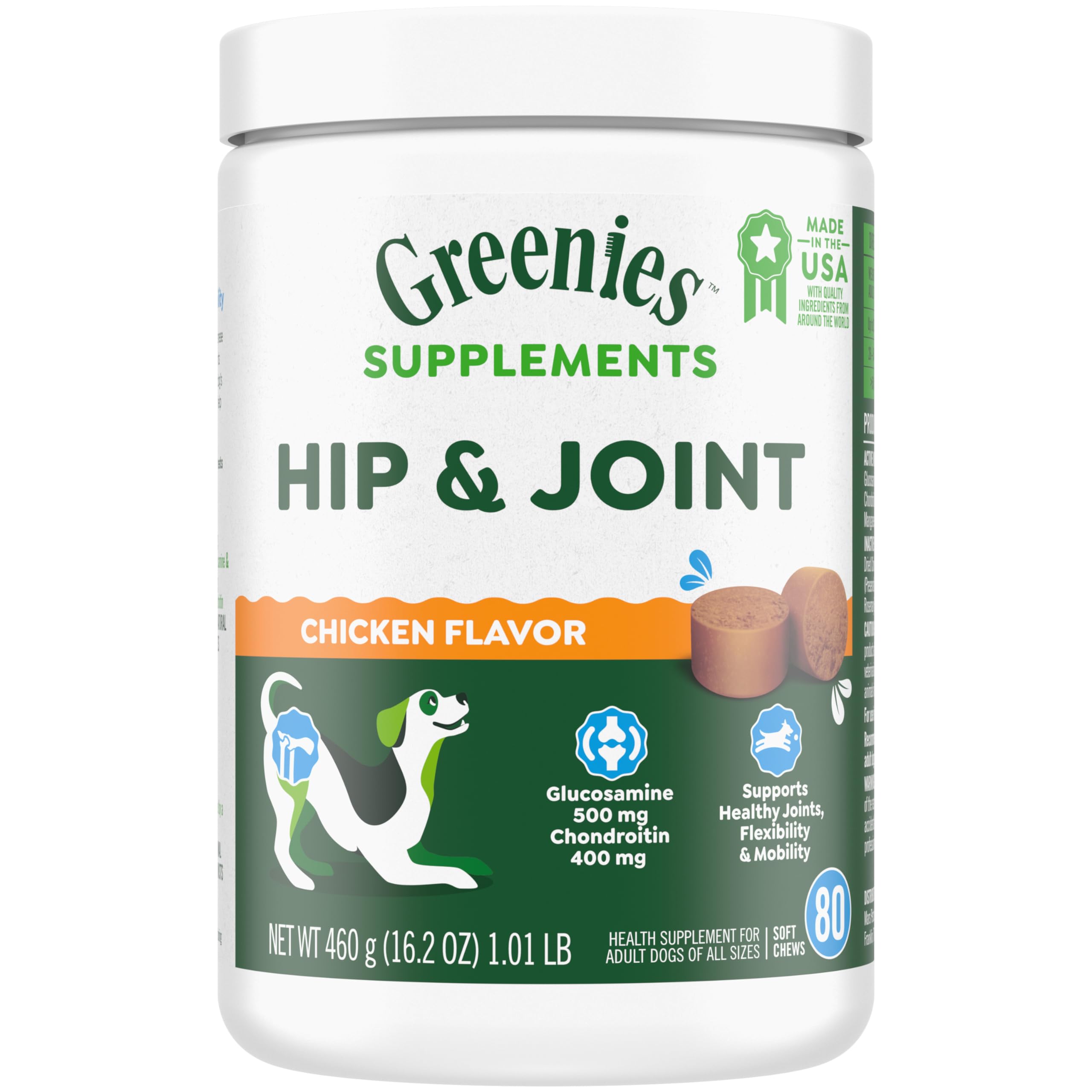 Greenies Supplements Hip and Joint Supplements for Dogs, Chicken Flavor, 16.2 oz. 80-Count