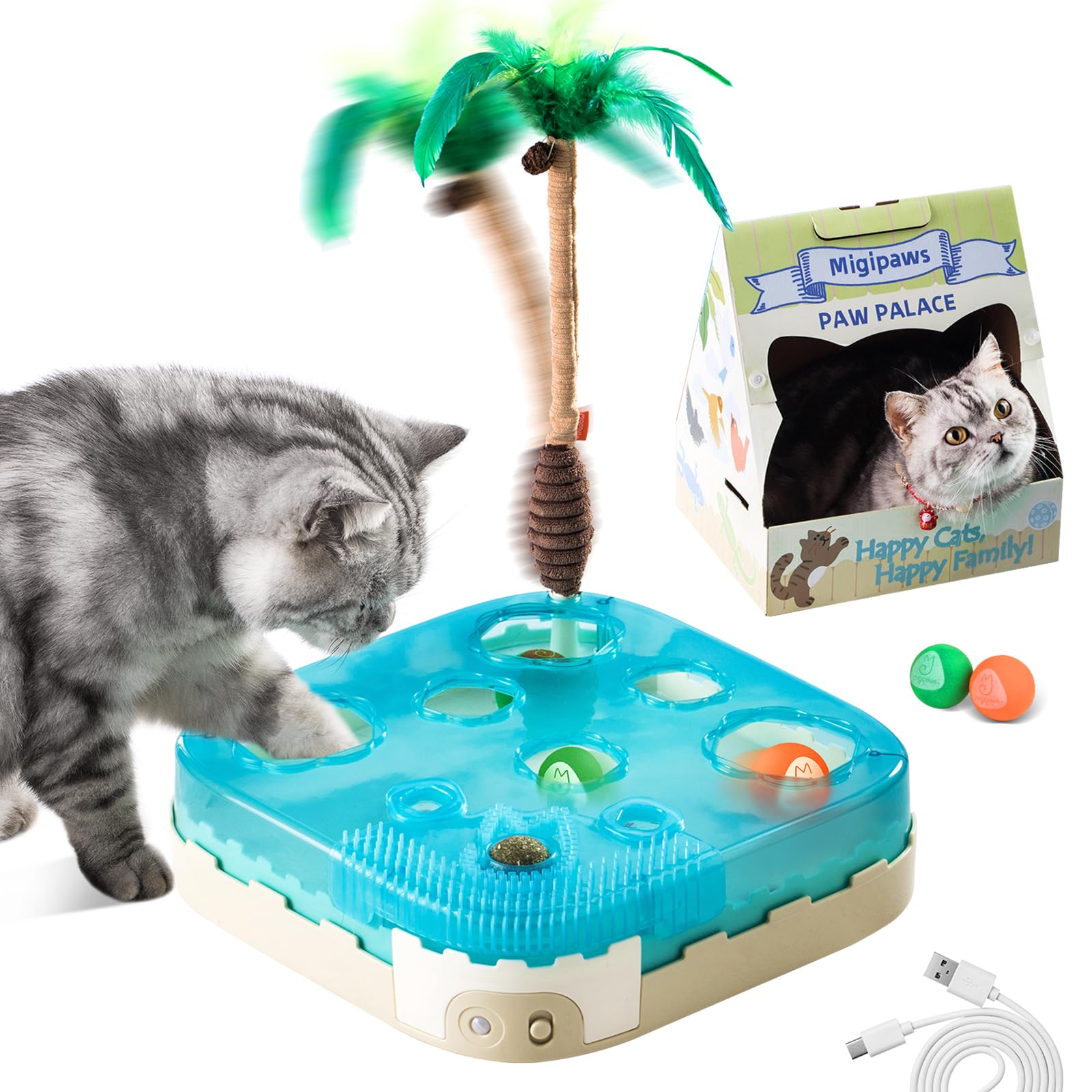 Migipaws 7-in-1 Interactive Cat Toy Motion Activated Indoor Playset with Automatic Pop Bounce Cat Ball, Feather Palm Tree Wand, 