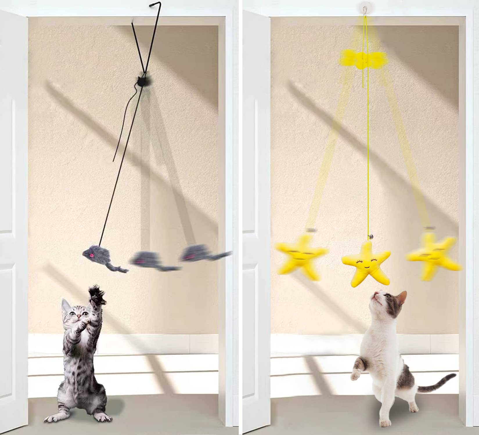 Mice Toys For Indoor Cats - 3 Pack Hanging Door Cat Toys With Tassel - Retractable Cat Toy With Rope Mouse Starfish Caterpillar