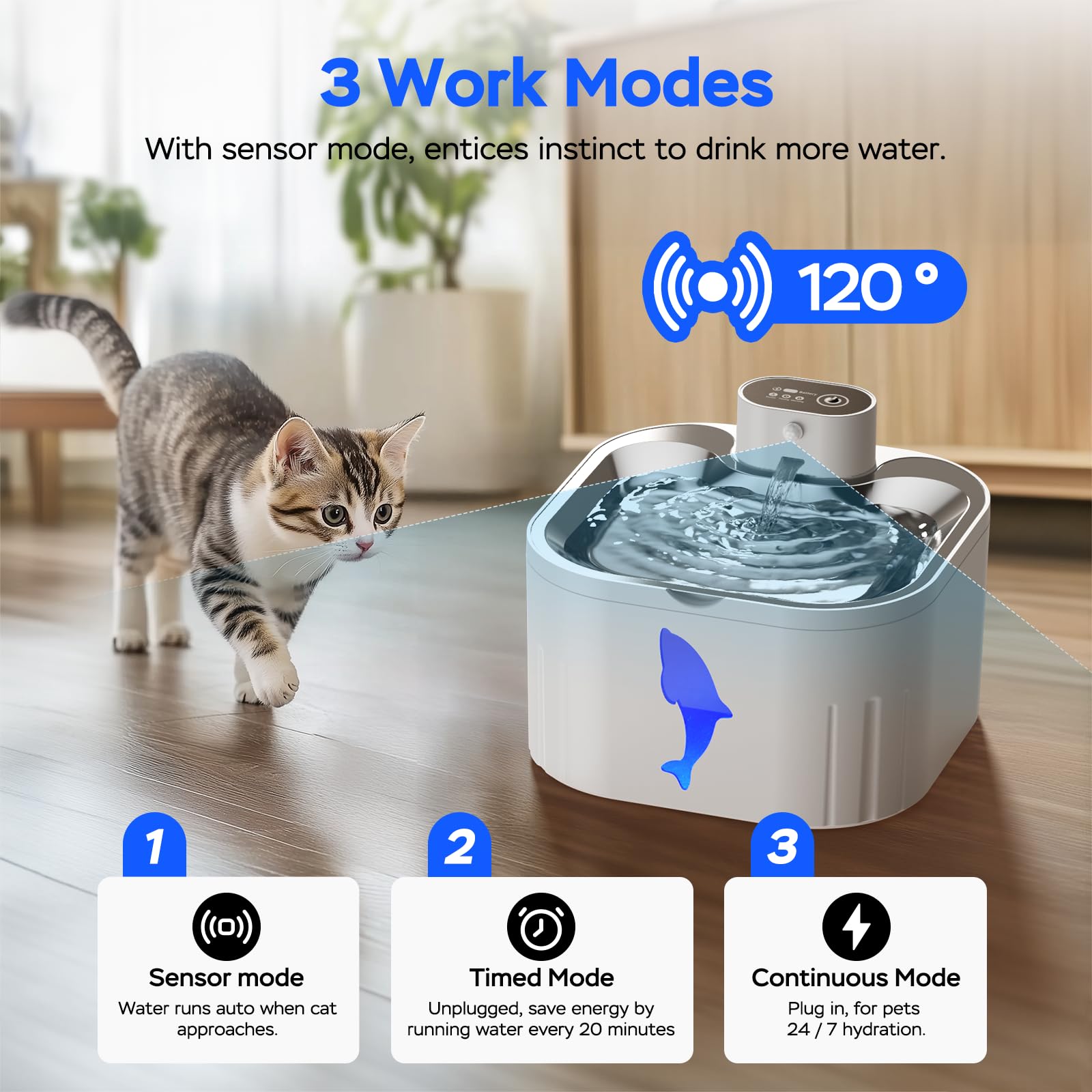 Senyoson Wireless Cat Water Fountain Stainless Steel, 101Oz/3.2L Cat Fountain Battery Operated, Cordless Pet Water Fountain For