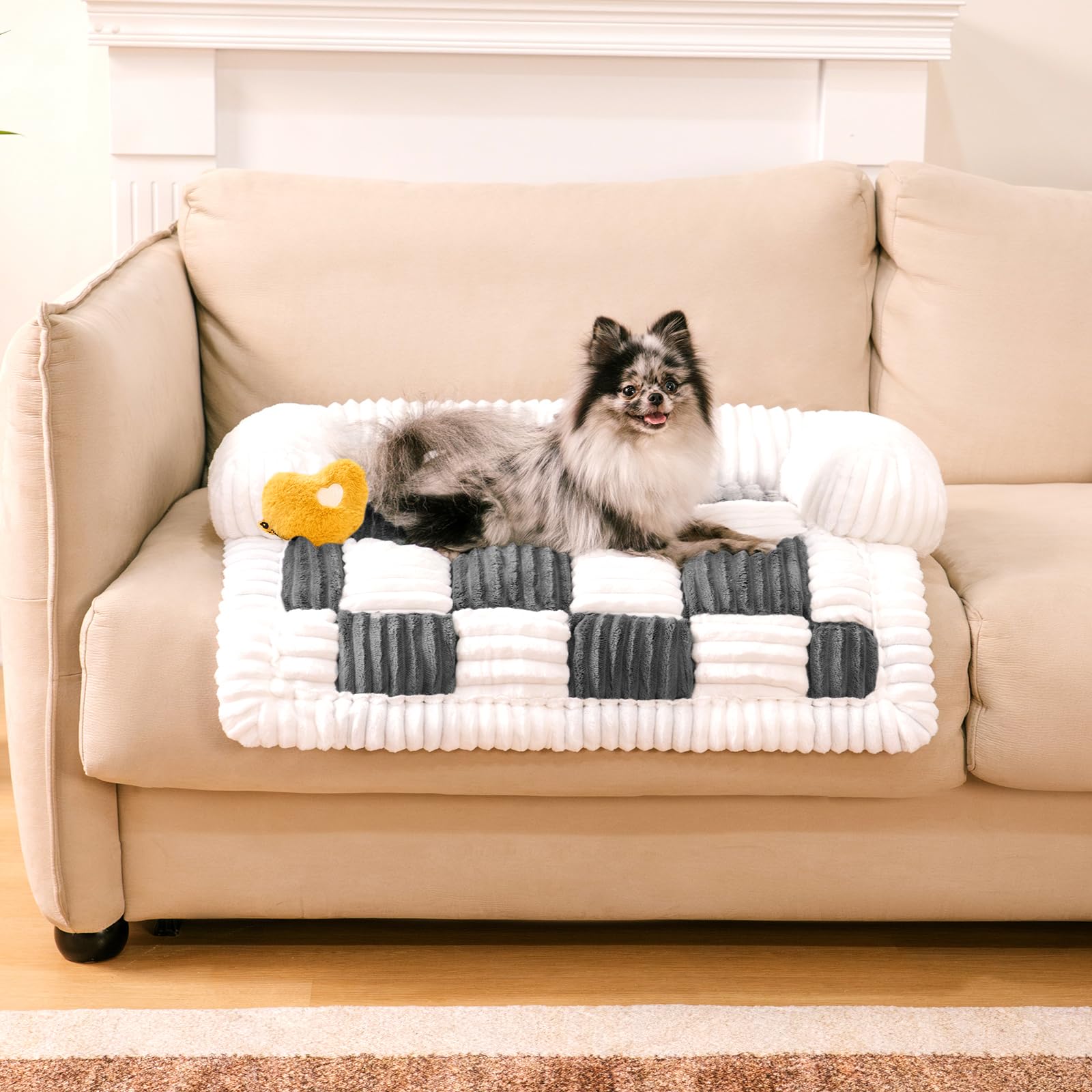 Funny Fuzzy Pet Couch Covers For Sofa, Small Dog Couch Cover Bed Cozy Cream Plaid Washable Pet Mat For Furniture Protector Sofa 