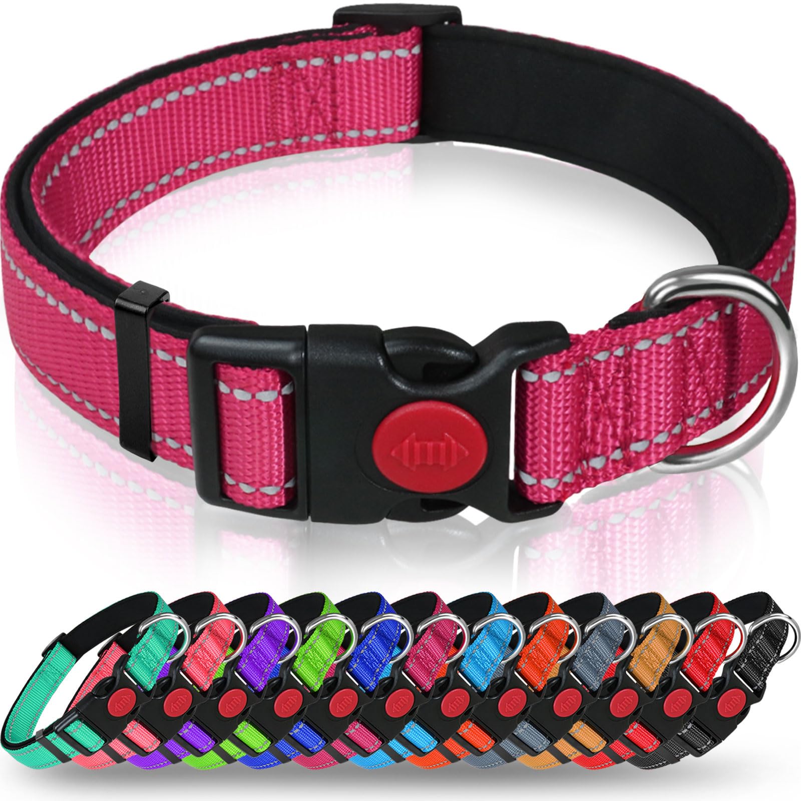 Taglory Reflective Dog Collar With Safety Locking Buckle, Adjustable Nylon Pet Collars For Small Dogs, 3/4 Inch Wide ,S, Hot Pink