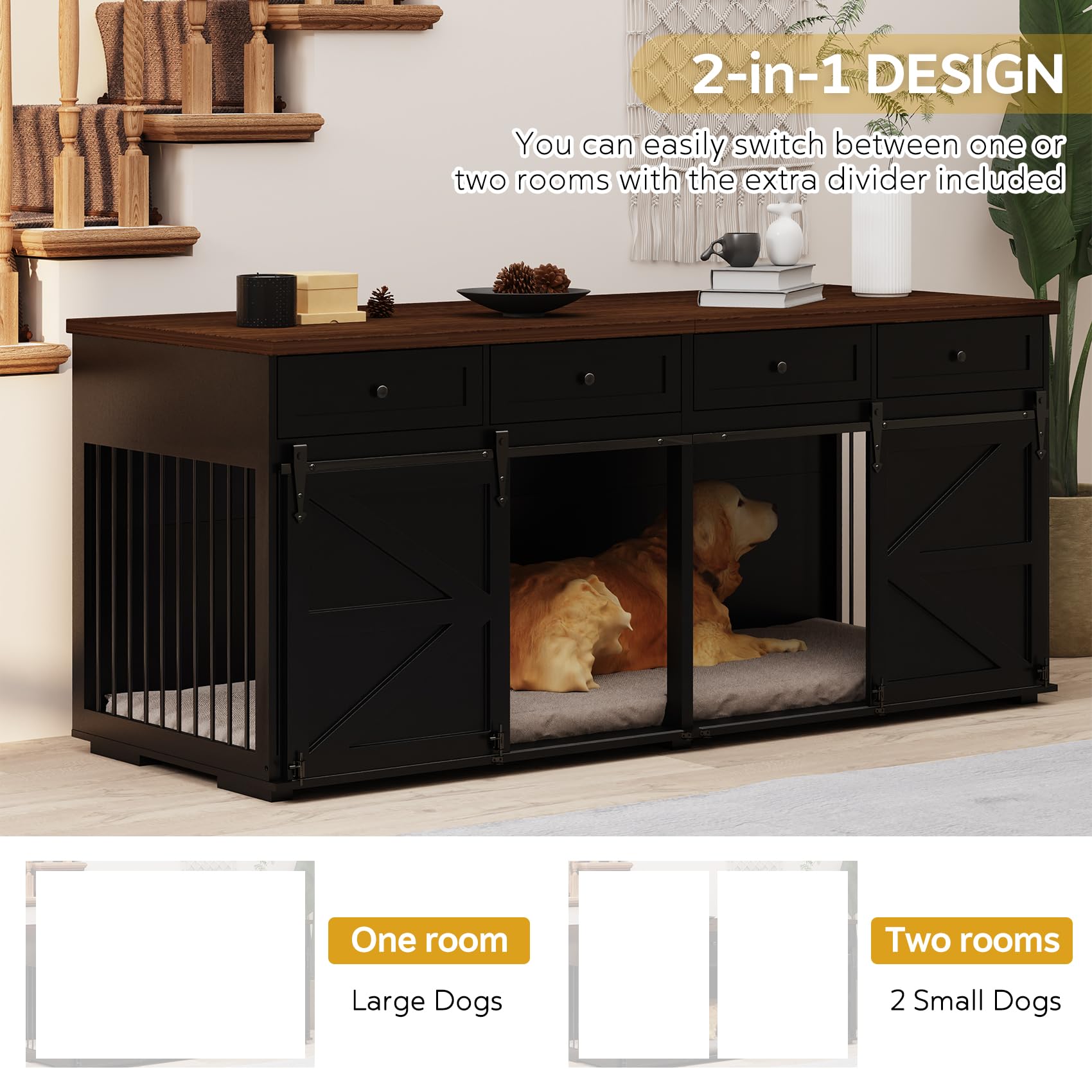 Furniture Style Dog Crate - Indoor Wooden Dog Kennel Furniture With 4 Drawers & 2 Sliding Barn Doors - For Small Medium Large Do